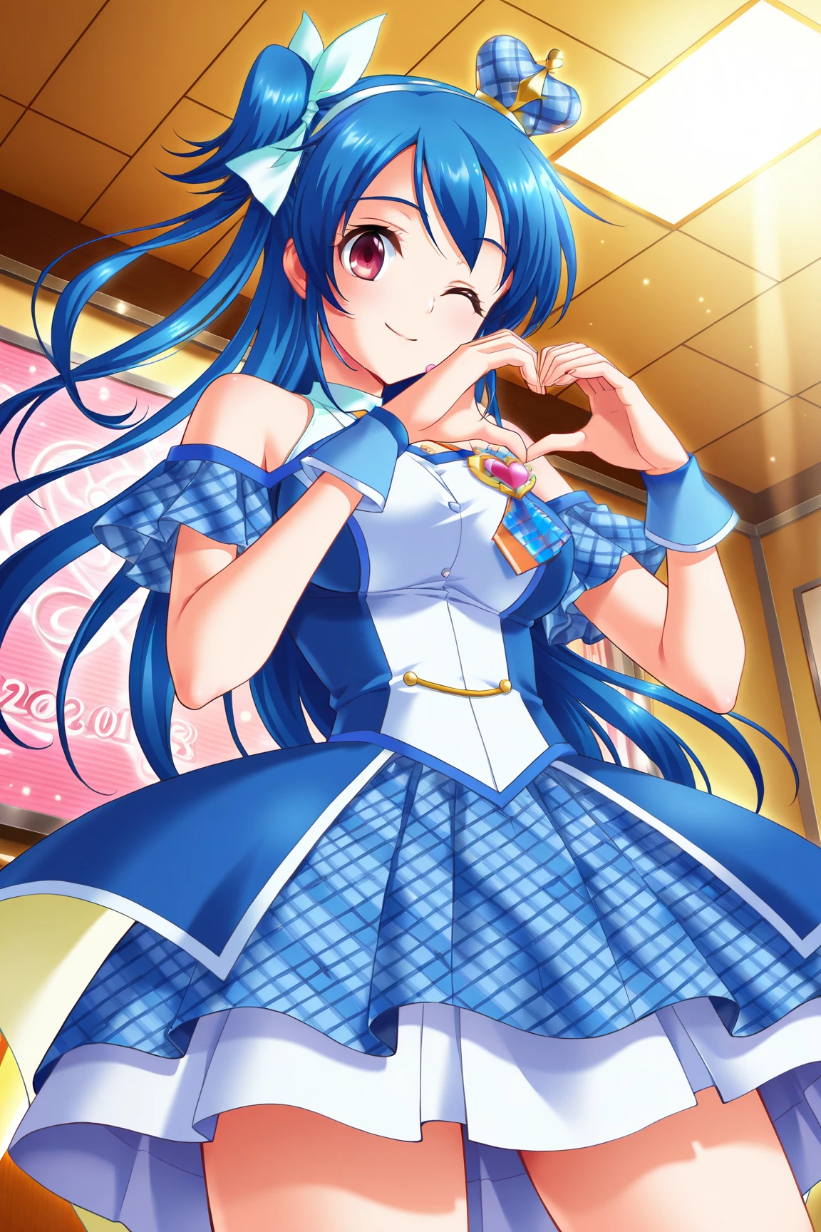 (masterpiece, best quality, game cg,highly_detailed,extremely_detailed_CG_unity_8k_wallpaper,illustration,highres,absurdres:1.2),1girl,solo,<lora:Natsukawa_Asami:1>URAAsami,blue hair,bangs,side ponytail,blue hair ribbon,red eyes, smile, looking at viewer,magical girl, blue mini crown, blue dress, tilted headwear, bare shoulders, hairband, jewelry, idol clothes, idol,heart brooch,pink headset,wink,from below,heart hands,dutch angle,cowboy shot, volumetric lighting, detailed background, sunny day,indoors, anime convention, convention hall,<lora:curewink_IL:0.8> curewink