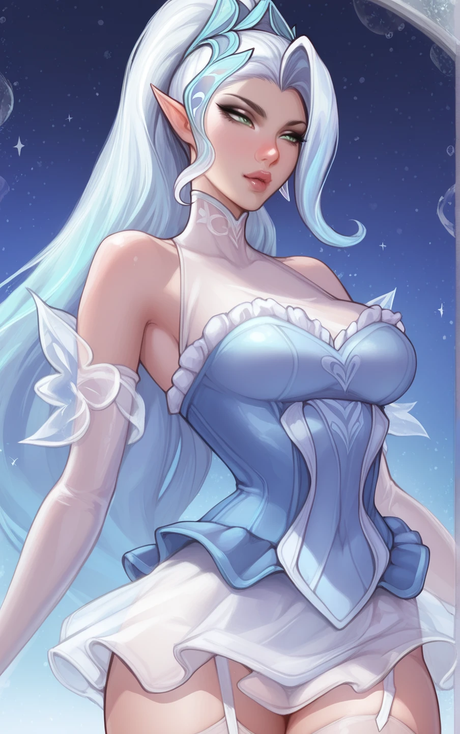 (masterpiece:1.2), best quality, amazing quality,  absurdres,
hips, sexy,   sexy,  horny,          <lora:CR_zyra-e100_s1200:1> CR_Zyra, long hair, white hair, icy blue hair, green eyes, eif ears, blue dress, white skirt, translucent details, sleves, stockings, bare shoulders,  <lora:AromaSenseiIllus:1> ict style, nose, lips