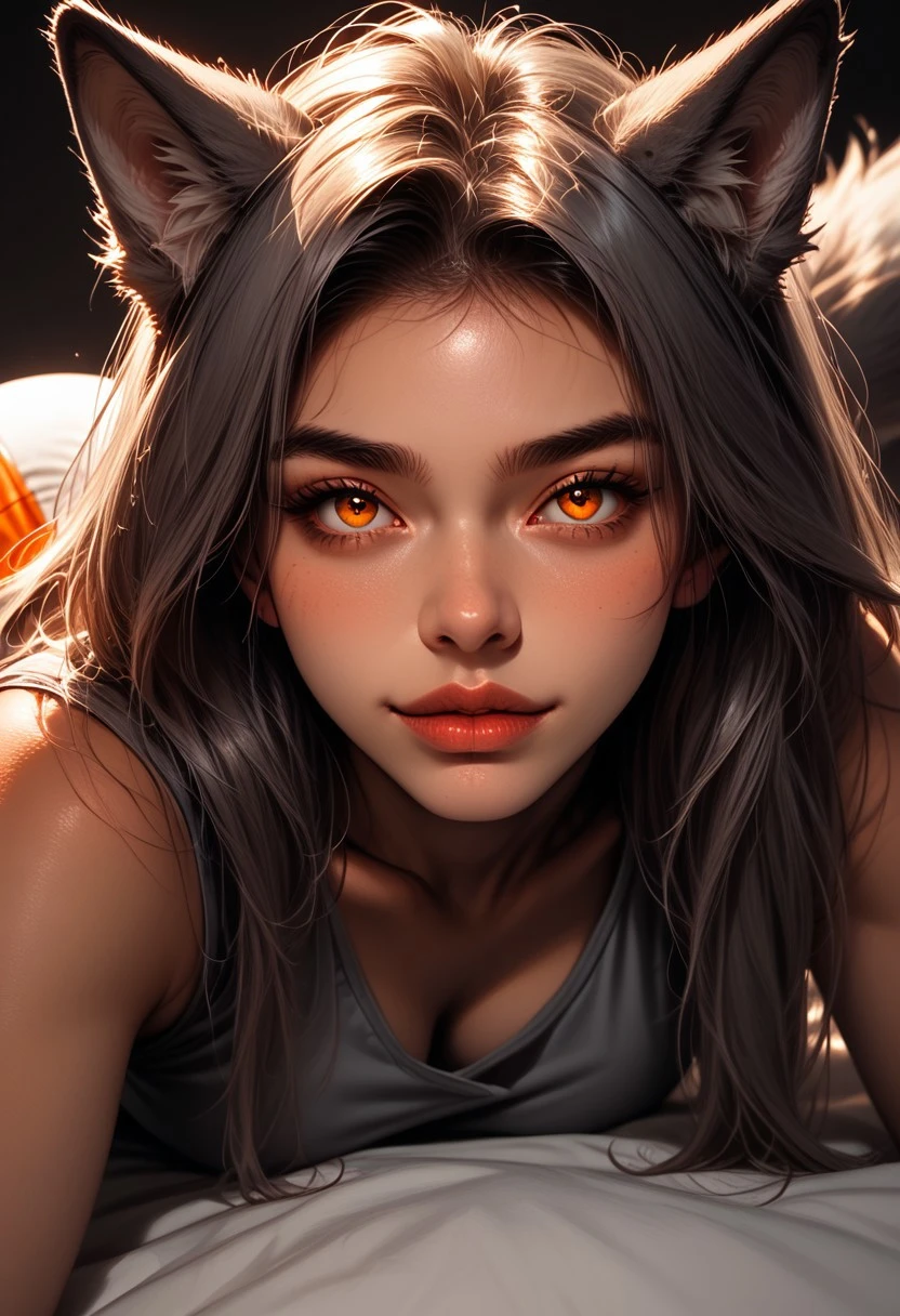 score_9_up, score_9, score_8_up, score_8, score_7_up, score_7, cinematic lighting, raw, high quality, 4k resolution, absurdres, masterpiece, dynamic lighting, high contrast, morimee_style, Torvi_GV,
1girl, wolf girl, (human face:1.5), short girl, long hair, animal ears, orange eyes, tail, grey hair, wolf ears, claws, wolf tail, two-tone fur, white fur grey fur, space_wolf,
grey tank-top, orange dolphin shorts,
dutch angel, (side view:0.6), 
(dark background:1.2) backlit, glow, top-down bottom-up, daybed, arms stretched-out to viewer