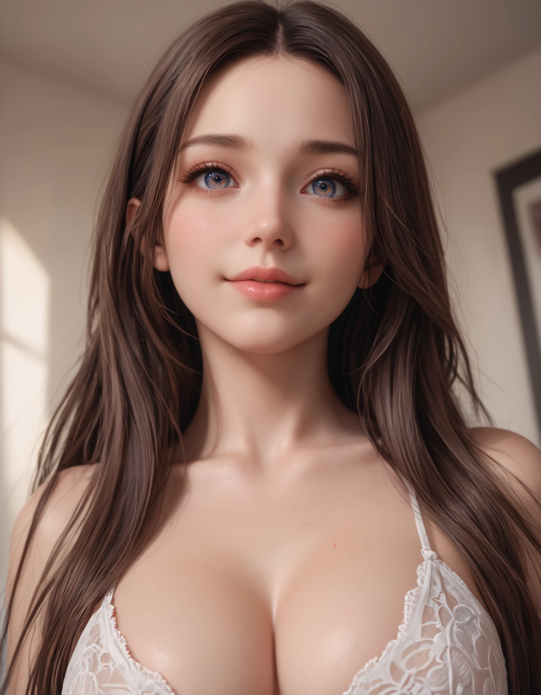 zPDXL3, safe_pos, score_9, score_8_up, source_realistic, rating_explicit, 8k, best quality, masterpiece, expressiveh, intricate details, ultra high res, sharp focus, digital art, cinematic, extremely detailed, cinematic light, photo studio lighting, Unreal Engine, dramatic angle, dynamic camera angle, 
unique perspective, unique angle, wide angle, dutch angle, foreshortening, blurred eyes, 
1girl, solo, brown hair, long hair, upper body shot, cleavage, seductive smile, japanese, 
innocent, extra blush under eyes, big eyes, beautiful detailed eyes, detailed beautiful delicate face, realistic humid skin, detailed skin sexy pose, sensual posture, graceful pose, curvy, scenery
