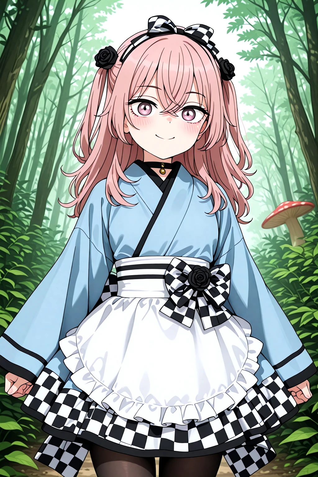 masterpiece, best quality, amazing quality, 1girl, solo, makeup, general, cowboy shot, looking at viewer, blush, dramatic angle, smile, fantasy, forest, giant mushroom background, sky, black checkered ribbon hairband, <lora:sajuna-inui-s1-illustriousxl-lora-nochekaiser:0.9>, sajuna inui, inui sajuna, long hair, bangs, hair ornament, hair between eyes, pink hair, pink eyes, two side up, crossed bangs, black flower, black rose, mature female, small breasts, <lora:Alice_Cos_Kimono:1>, Alice_Cos_Kimono, long sleeves, checkered skirt, cosplay, blue dress, bow, japanese clothes, blue kimono, checkered bow, sleeves past wrists, sash, wide sleeves, choker, waist apron, pantyhose, checkered dress, collar, back bow, <lora:wai-A3-V140:1>, <lora:illustrious_noobai_epsilon_pred_1_masterpieces_v1:1>