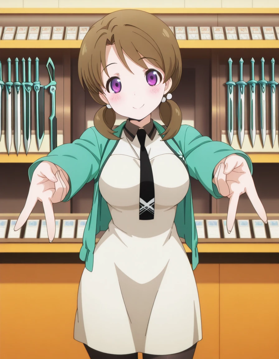 masterpiece, best quality, amazing quality,, <lora:honoka-mitsui-s2-illustriousxl-lora-nochekaiser:1>, honoka mitsui, bangs, brown hair, twintails, purple eyes, low twintails, mature female, medium breasts, anime screencap, dress, jacket, pantyhose, necktie, white dress, black necktie, green jacket, <lora:double-gyaru-v-illustriousxl-lora-nochekaiser:1>, doublegyaruv, solo, looking at viewer, blush, smile, closed eyes, standing, cowboy shot, double v,, weapon shop, weapons, display, store, items, cowboy shot, solo, looking at viewer,