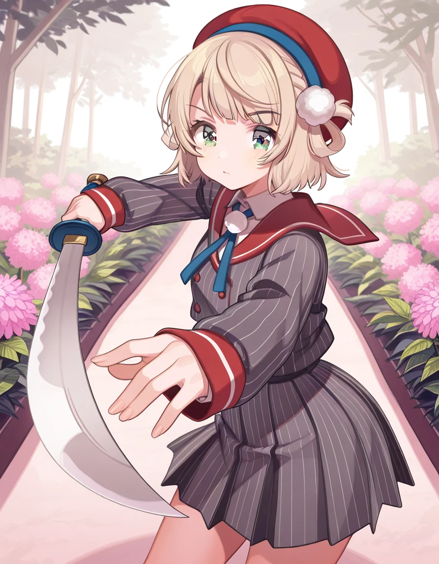 masterpiece, best quality, amazing quality,, <lora:ui-shigure-mv-illustriousxl-lora-nochekaiser:1>, ui shigure, shigure ui (vtuber), short hair, blonde hair, hair ornament, green eyes, braid, blunt bangs, swept bangs, light brown hair, side braid, french braid, hair rings, pom pom hair ornament, mature female, small breasts, shirt, skirt, long sleeves, hat, ribbon, jacket, white shirt, pleated skirt, collared shirt, sailor collar, miniskirt, striped clothes, sleeves past wrists, neck ribbon, buttons, beret, blue ribbon, red headwear, grey skirt, pom pom (clothes), vertical-striped clothes, grey jacket, double-breasted, pinstripe pattern, striped skirt, red sailor collar, striped jacket, vertical-striped skirt, vertical-striped jacket, <lora:gatotsu-stance-illustriousxl-lora-nochekaiser:1>, gatotsu stance, weapon, sword, katana, holding weapon, holding, holding sword, foreshortening,, garden, flowers, path, plants, tranquil, cowboy shot, solo, looking at viewer,