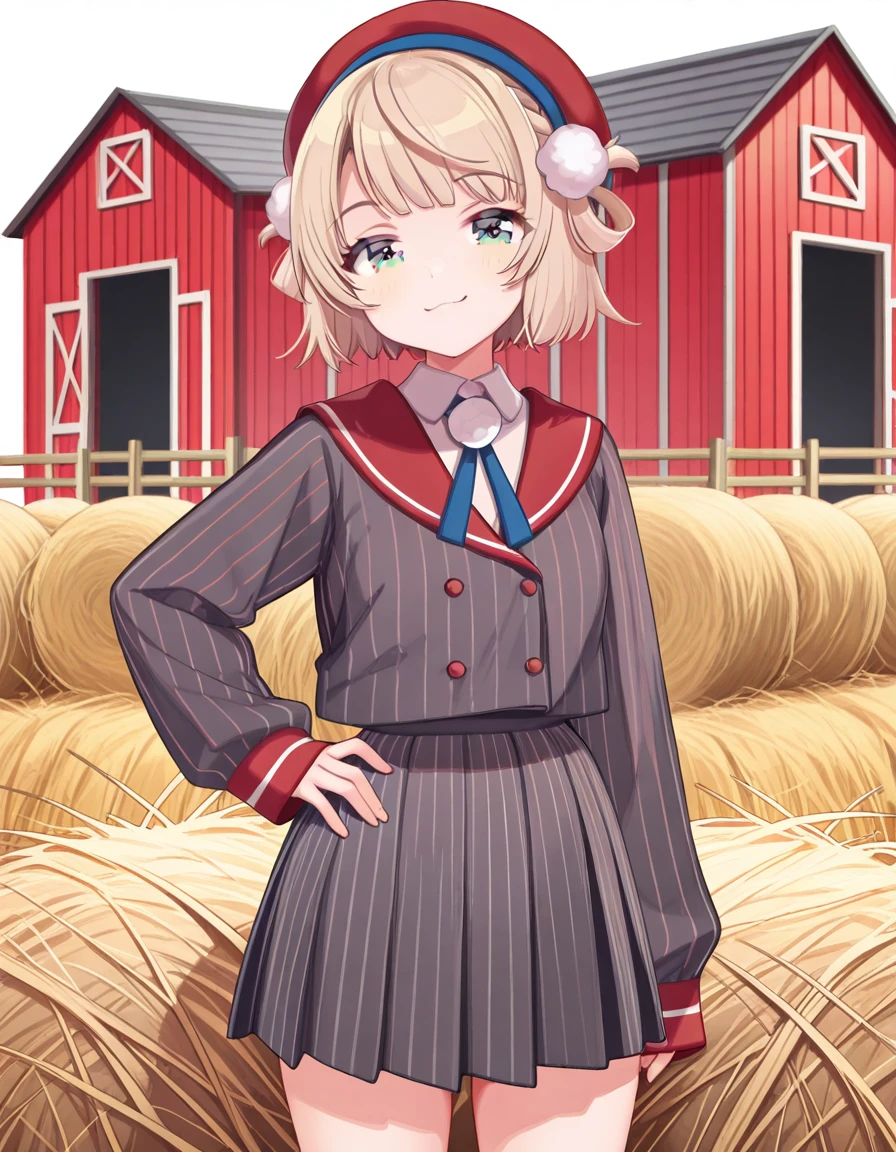 masterpiece, best quality, amazing quality,, <lora:ui-shigure-mv-illustriousxl-lora-nochekaiser:1>, ui shigure, shigure ui (vtuber), short hair, blonde hair, hair ornament, green eyes, braid, blunt bangs, swept bangs, light brown hair, side braid, french braid, hair rings, pom pom hair ornament, mature female, small breasts, shirt, skirt, long sleeves, hat, ribbon, jacket, white shirt, pleated skirt, collared shirt, sailor collar, miniskirt, striped clothes, sleeves past wrists, neck ribbon, buttons, beret, blue ribbon, red headwear, grey skirt, pom pom (clothes), vertical-striped clothes, grey jacket, double-breasted, pinstripe pattern, striped skirt, red sailor collar, striped jacket, vertical-striped skirt, vertical-striped jacket, smug, hand on own hip,, barn, animals, hay, farming, rural, cowboy shot, solo, looking at viewer, <lora:transparent-background-illustriousxl-lora-nochekaiser:1>, transparent background, simple background, white background
