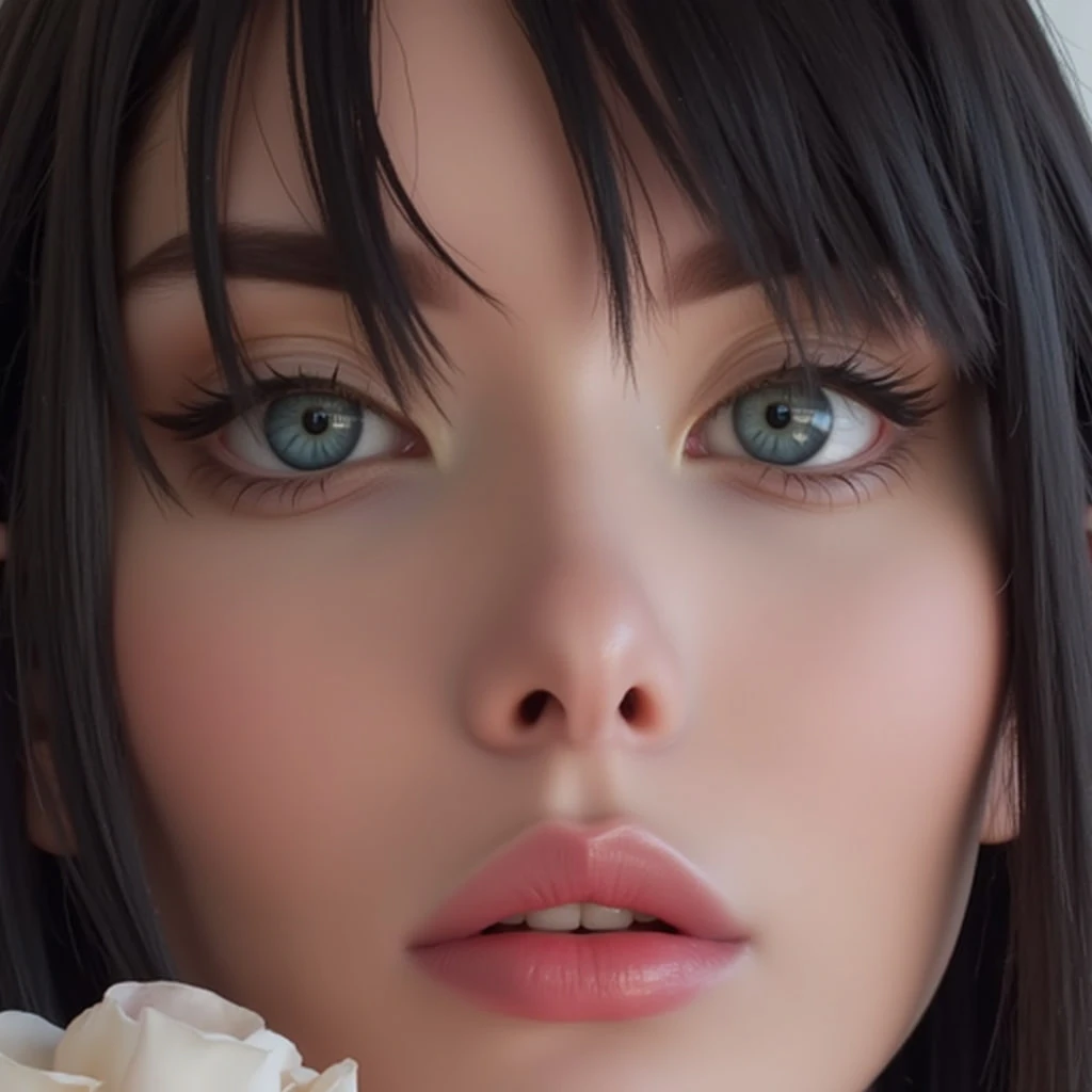 Big eyes, beautyful eyes, small nose, thin lips,