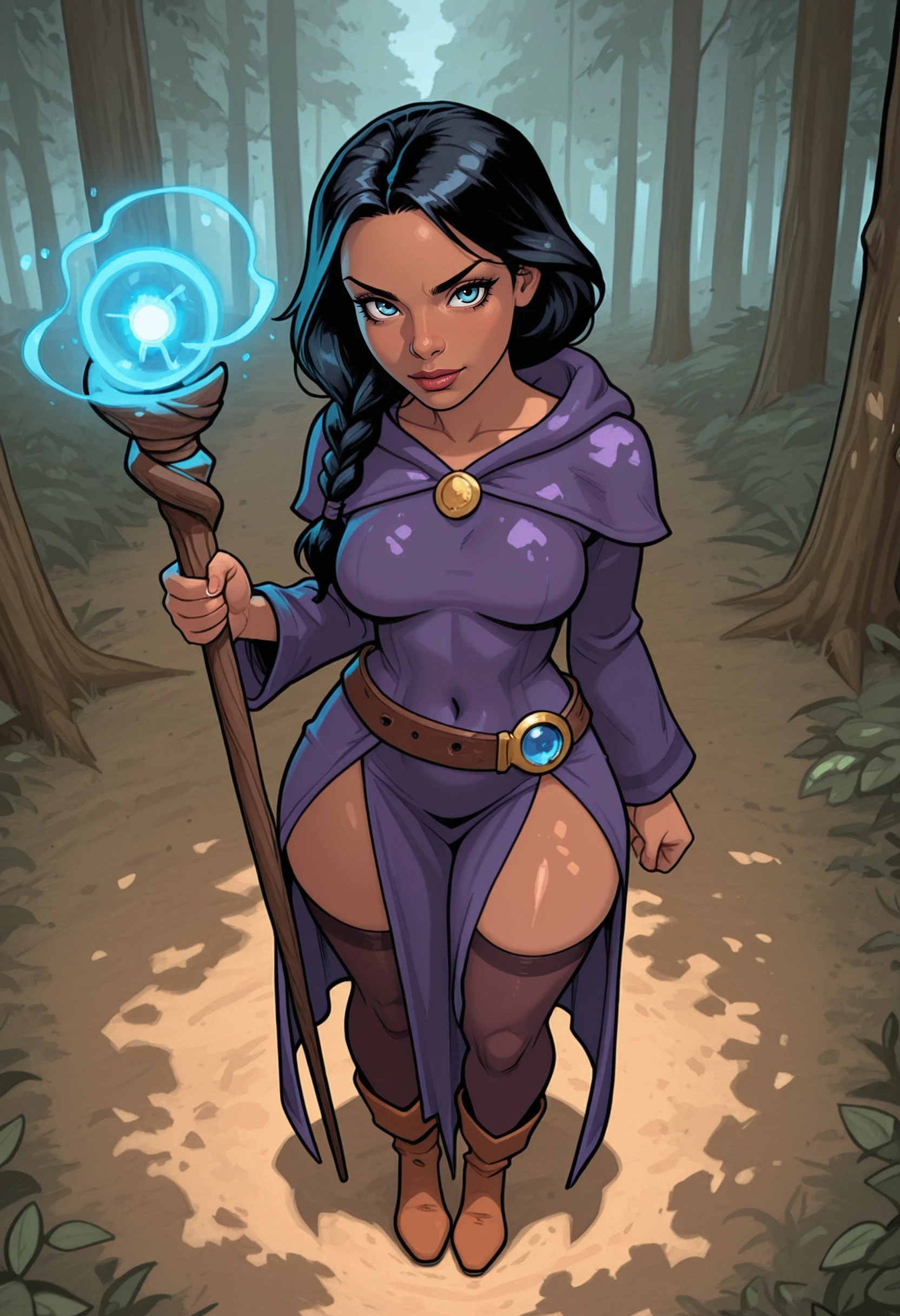 comicbook style,Masterpiece,amazing quality,4k,high resolution,ultra-detailed,newest,best quality,1girl,mage,hood,purple robe,long sleeves,boots,staff,holding staff,covered navel,medium breasts,black hair,side braid,hood down,dark skin,blue eyes,loose belt,thighs,thighhighs,garters,action pose,casting magic,forest,daytime,dappled shadows, from above, looking at viewer,  <segment:face,0.6,0.5//cid=11>highly detailed, dark skin,