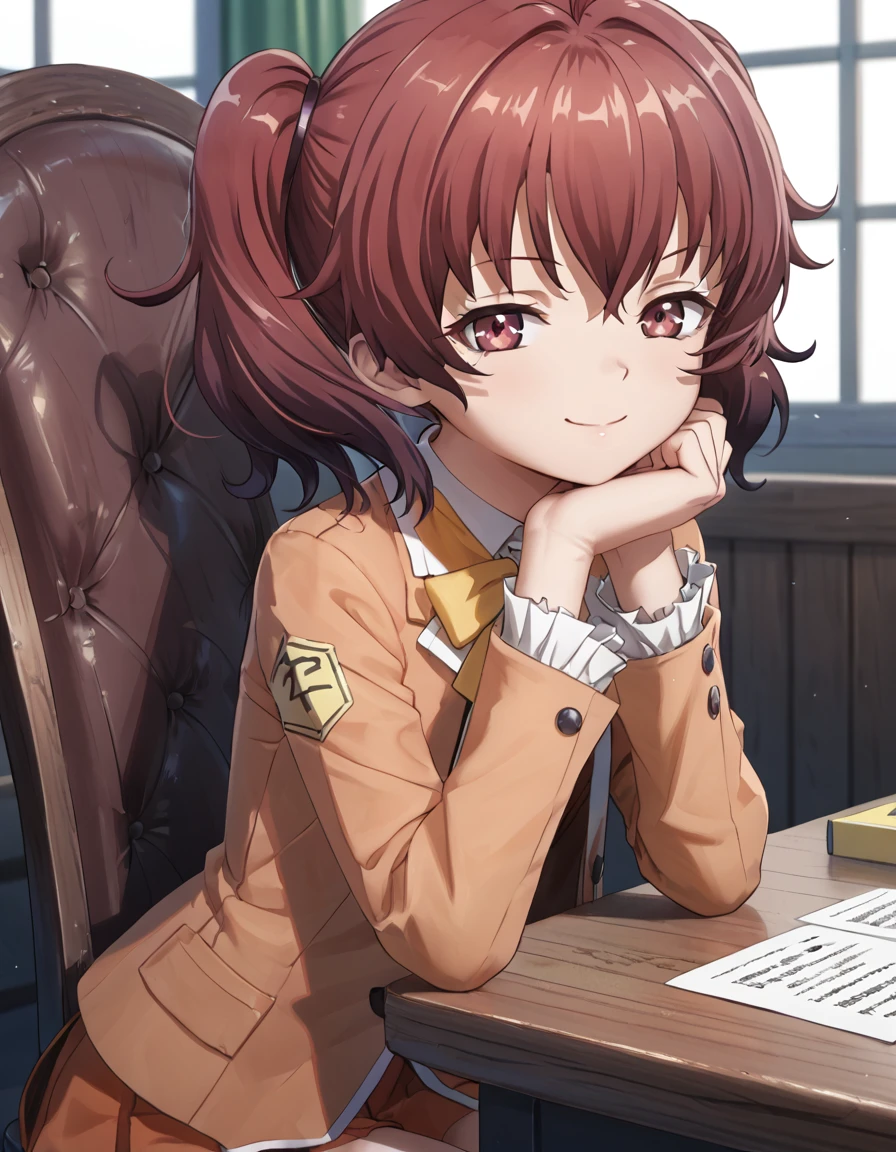 score_9, score_8_up, score_7_up, ArpeggioofBlueSteel_Haguro, sitting on edge of chair, leaning forward, soft smile