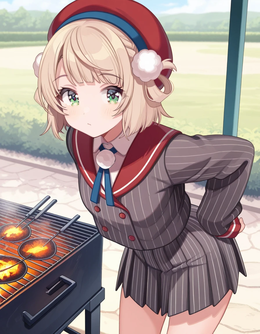 masterpiece, best quality, amazing quality,, <lora:ui-shigure-mv-illustriousxl-lora-nochekaiser:1>, ui shigure, shigure ui (vtuber), short hair, blonde hair, hair ornament, green eyes, braid, blunt bangs, swept bangs, light brown hair, side braid, french braid, hair rings, pom pom hair ornament, mature female, small breasts, shirt, skirt, long sleeves, hat, ribbon, jacket, white shirt, pleated skirt, collared shirt, sailor collar, miniskirt, striped clothes, sleeves past wrists, neck ribbon, buttons, beret, blue ribbon, red headwear, grey skirt, pom pom (clothes), vertical-striped clothes, grey jacket, double-breasted, pinstripe pattern, striped skirt, red sailor collar, striped jacket, vertical-striped skirt, vertical-striped jacket, leaning forward,, backyard, barbecue, grilling, laughter, summer evening, cowboy shot, solo, looking at viewer,