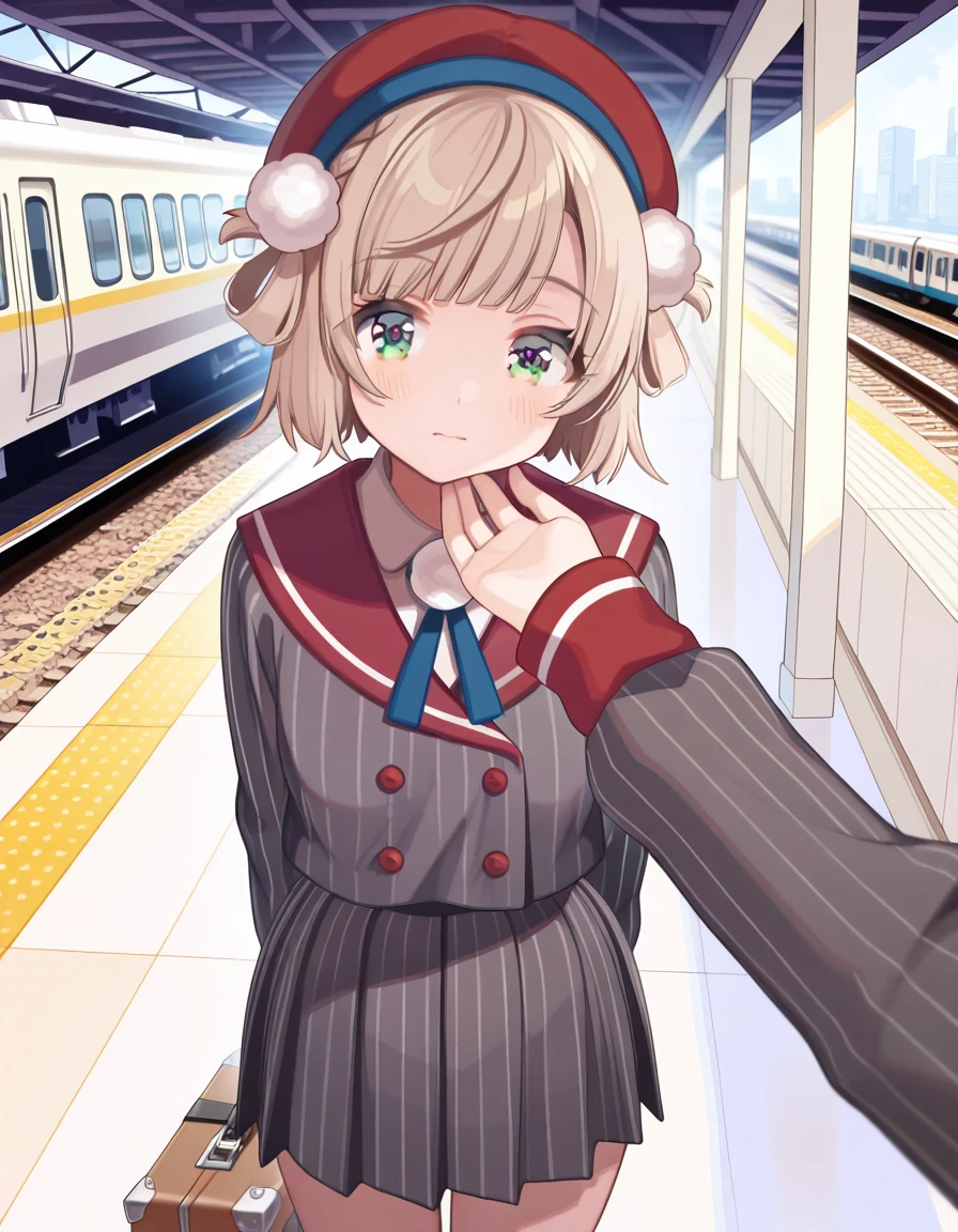 masterpiece, best quality, amazing quality,, <lora:ui-shigure-mv-illustriousxl-lora-nochekaiser:1>, ui shigure, shigure ui (vtuber), short hair, blonde hair, hair ornament, green eyes, braid, blunt bangs, swept bangs, light brown hair, side braid, french braid, hair rings, pom pom hair ornament, mature female, small breasts, shirt, skirt, long sleeves, hat, ribbon, jacket, white shirt, pleated skirt, collared shirt, sailor collar, miniskirt, striped clothes, sleeves past wrists, neck ribbon, buttons, beret, blue ribbon, red headwear, grey skirt, pom pom (clothes), vertical-striped clothes, grey jacket, double-breasted, pinstripe pattern, striped skirt, red sailor collar, striped jacket, vertical-striped skirt, vertical-striped jacket, <lora:stroking-anothers-chin-pov-illustriousxl-lora-nochekaiser:1>, stroking another's chin pov, stronking another's chin, pov, pov hands, blush, cowboy shot, train station, waiting for train, suitcase, traveling, commute, city skyline, hands behind back, cowboy shot, solo, looking at viewer,