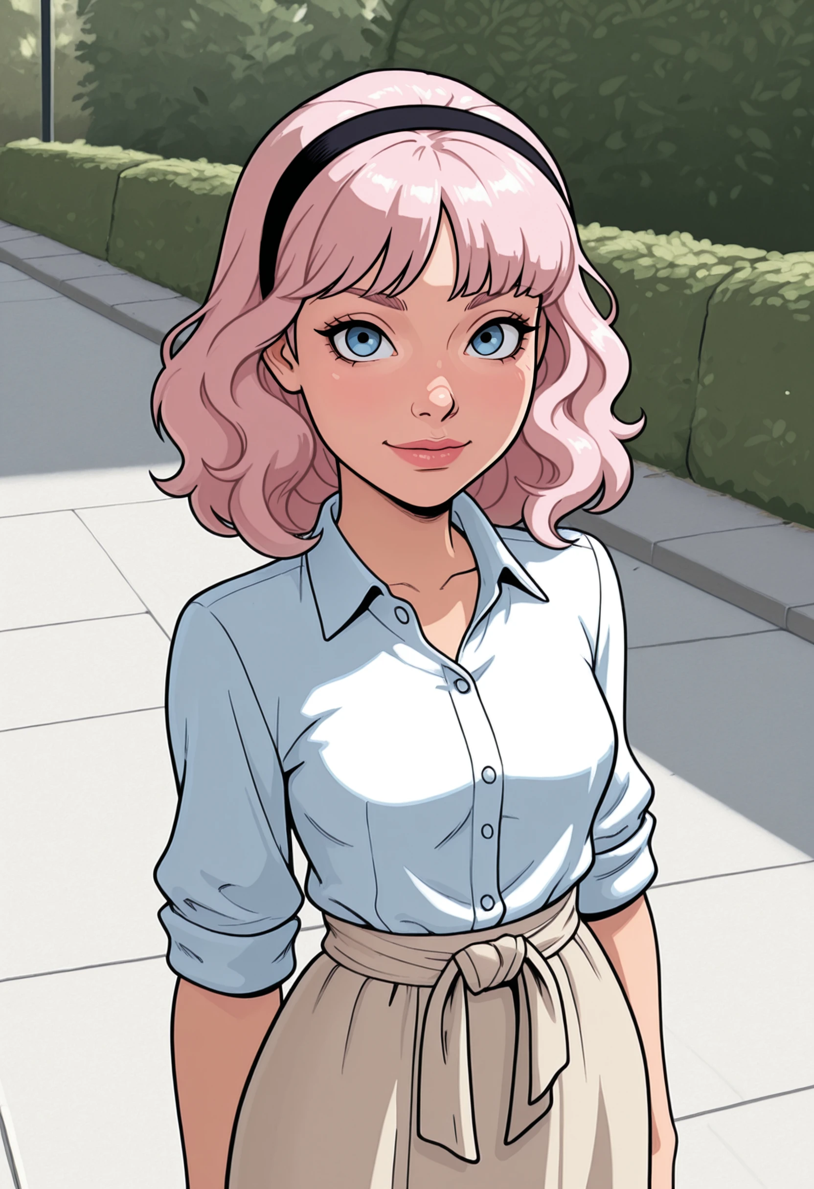 comicbook style,Masterpiece,amazing quality,4k,high resolution,ultra-detailed,newest,best quality,1girl, wavy hair, light pink hair, medium hair, center part bangs,  hairband, Linen button-down shirt, Linen wrap skirt,standing,detailed eyes, street,sidewalk, suburban neighborhood, smile, small breasts, from front, natural lighting, blue eyes, (daytime:1),(dappled shadows:0.3),dynamic angle,scenery,rim light,available light,face focus,looking at viewer <segment:face,0.6,0.5//cid=11>highly detailed
