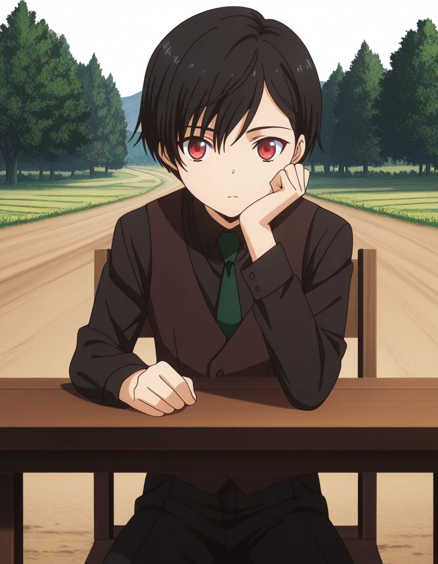 masterpiece, best quality, amazing quality,, <lora:fumiya-kuroba-s2-illustriousxl-lora-nochekaiser:1>, fumiya kuroba, black hair, red eyes, short hair, anime screencap, shirt, male focus, necktie, pants, vest, black shirt, black pants, green necktie,, sitting, head rest, table,, bike ride, countryside, dirt road, trees, afternoon sun, peaceful, alone, cowboy shot, solo, looking at viewer, <lora:transparent-background-illustriousxl-lora-nochekaiser:1>, transparent background, simple background, white background