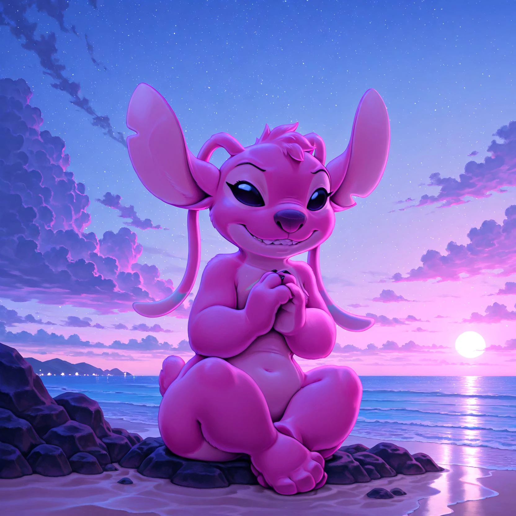 detailed background,  angel \(lilo and stitch\),  experiment \(lilo and stitch\), pink body, pink countershading, (short stack:1),( [no sclera | black sclera, no pupils]:1.3),  head tuft,antennae, 3 fingers, female,short tail, , ,  , dynamic pose, dynamic
 UVglow  , aliasing
clothed,   Sitting with legs crossed and hands on the ground behind,  ,beach, 
 <lora:Ollie_style:1> ollie, newest,  masterpiece, best quality, amazing quality, very aesthetic, absurdres, highres, hi res, newest , awa , (scenery, volumetric lighting), 8k, 4k,, highres, hi res, colored,  highres, absurdres, absurd res,  detailed background,