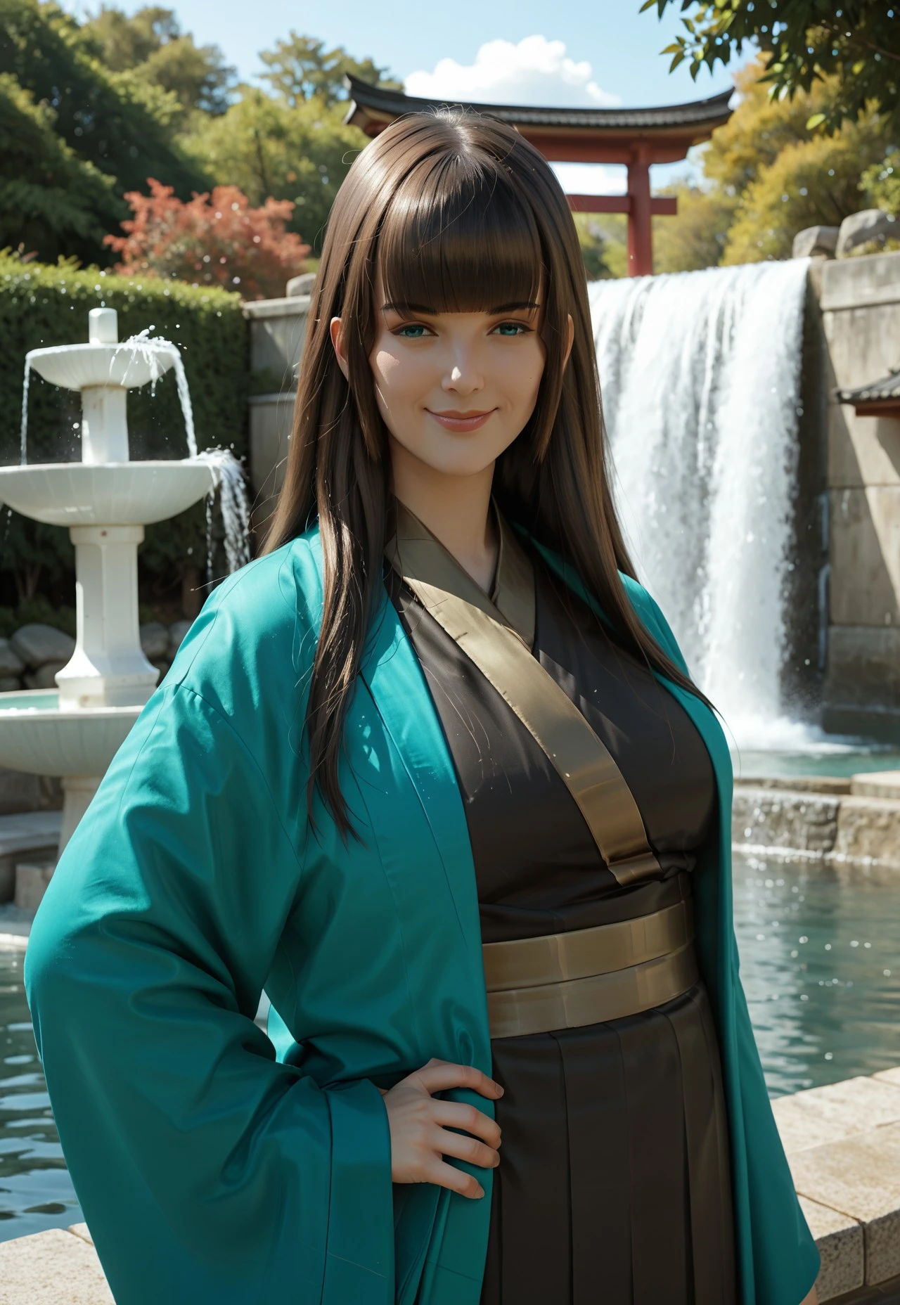 score_up_9, score_up_8, score_up_7, best quality, detailed face, realism,
Outdoors, Japanese setting, green and white walls, calming, day, blue sky, fountain, water,
KaoriTower, kimono_outfit, 1girl, solo, brown hair, long hair, straight hair, blunt bangs, green kimono, dark underlayer, hand on hip, upper body, standing, smirk,