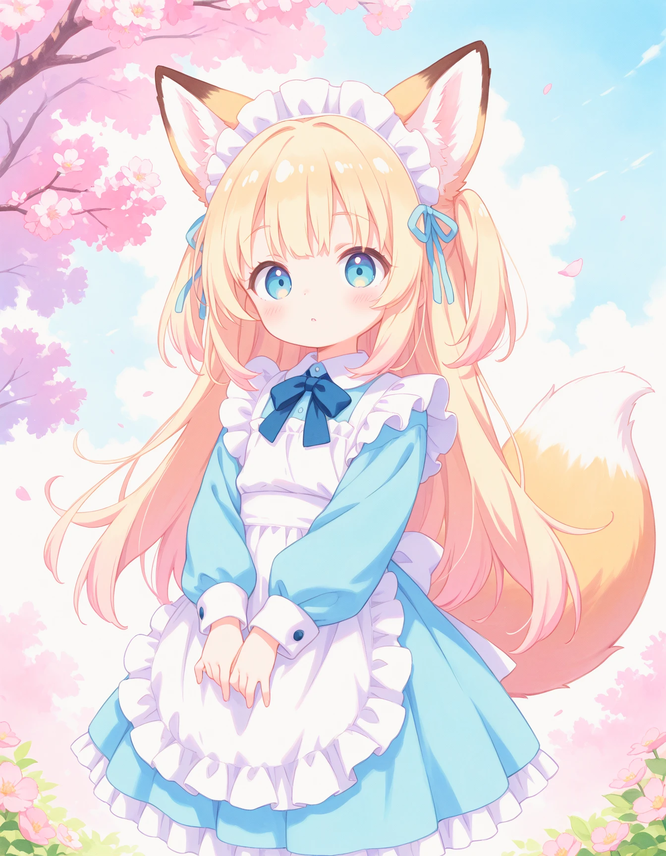 masterpiece,best quality,ultra-detailed,pastel colors,watercolor \(medium\),
1girl,maid,fox girl,blonde hair,