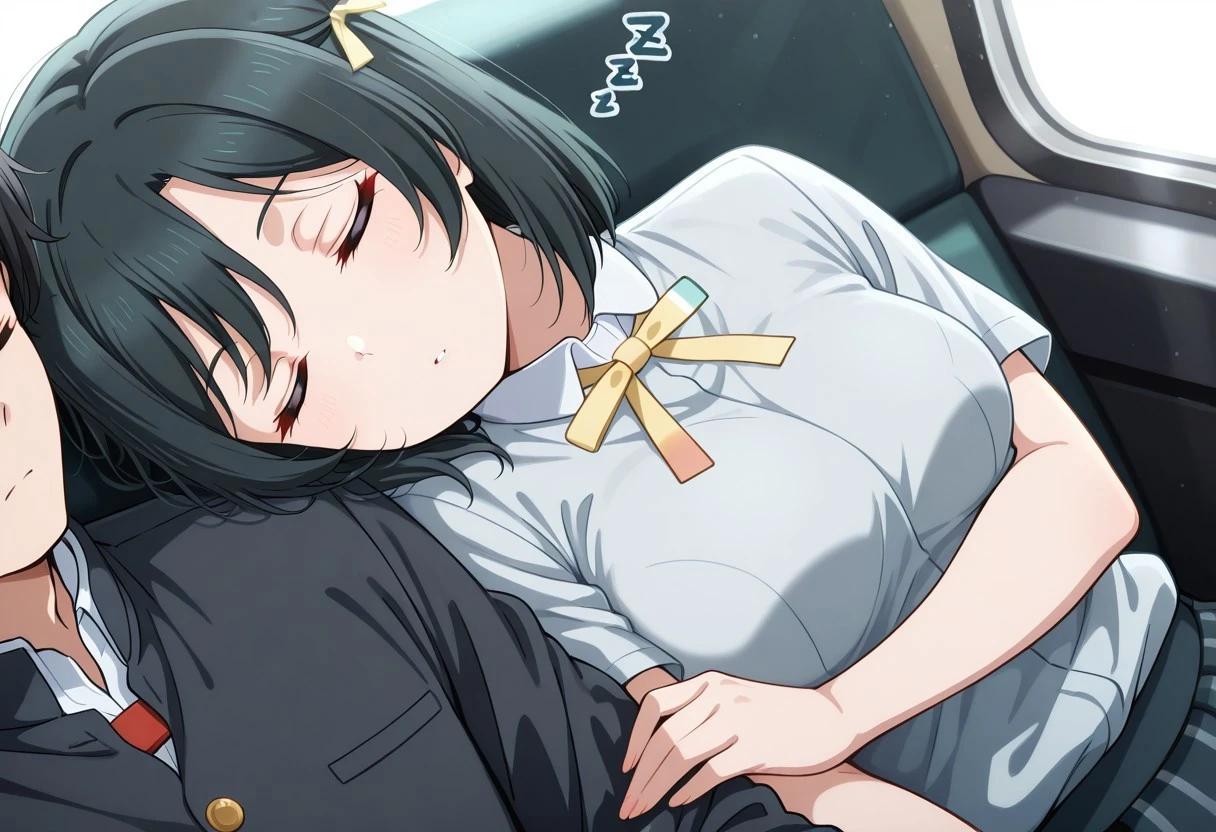 mifune shioriko,short hair, bangs, black hair,ribbon, hair ribbon, dark green hair, mature female, medium breasts,nijigasaki academy school uniform,yellow ribbontie,masterpiece, best quality, amazing quality,<lora:leaning-on-person-side-by-side-v2-illustriousxl-lora-nochekaiser:1>, leaning on person side-by-side, 1boy, closed eyes, sleeping, zzz, arm hug, sleeping on person, head on another's shoulder,
