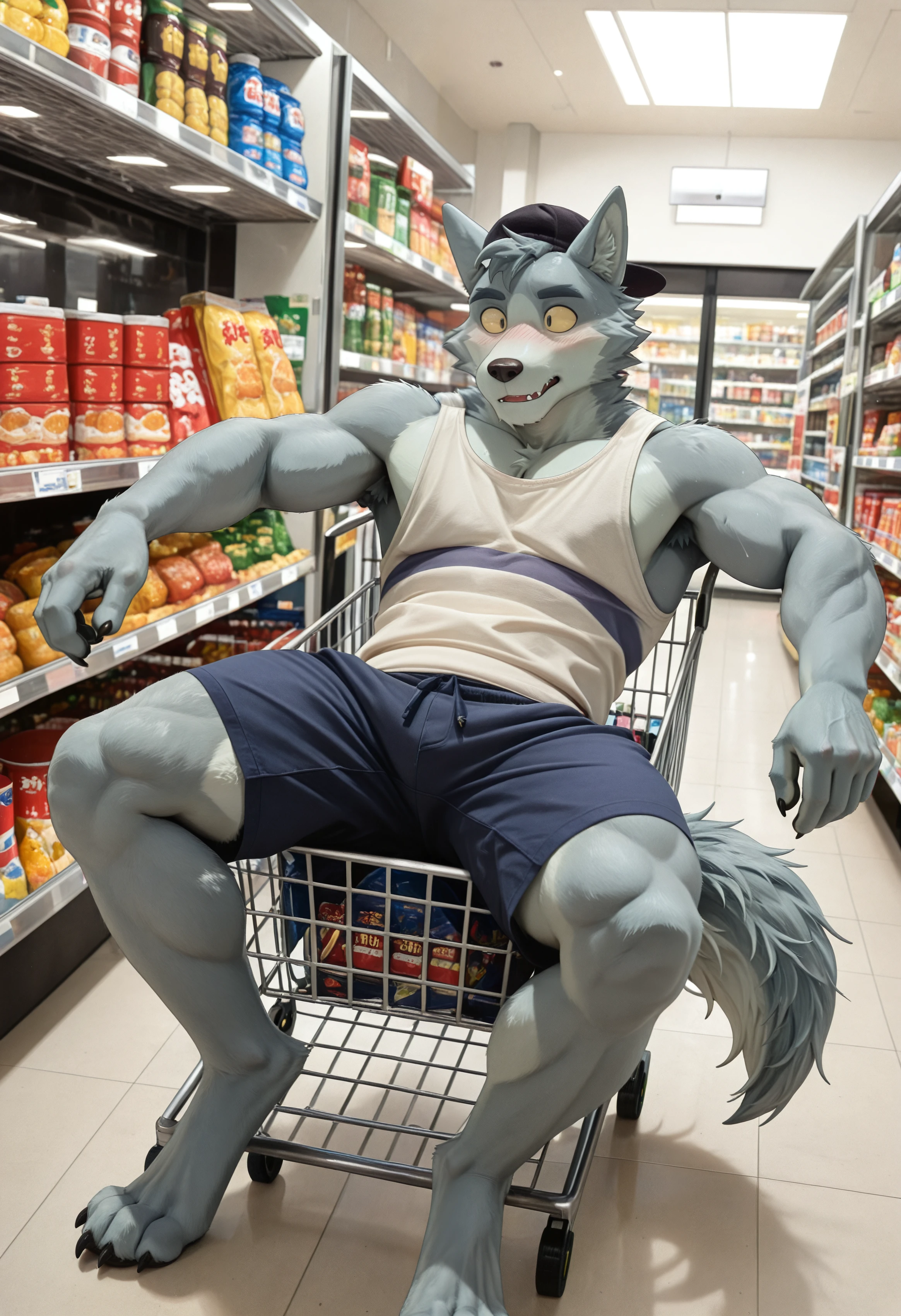 (masterpiece, best quality, very aesthetic, newest, 2024:1.2), (photorealism, photorealistic:1.2), hi res, detailed fur, dutch angle, w0lf_wbb, male focus, furry, furry male, 1boy, animal ears, solo, bara, muscular male, thick thighs, wolf ears, wolf boy, thighs, wolf tail, short hair, body fur, black cap, white tank top, shorts, looking at viewer, yellow sclera, claws, supermarket interior with shelves and price tags, lying on back inside shopping cart, arms and legs hanging over sides, tail dangling outside, embarrassed expression, blushing, ears pinned back, looking away shyly, wide shot, casual clothes, cartoon style, high quality illustration, <lora:noobReal-V2.1:0.45> <lora:Wolf_We_Bаby_Bears_Illustrious:1>