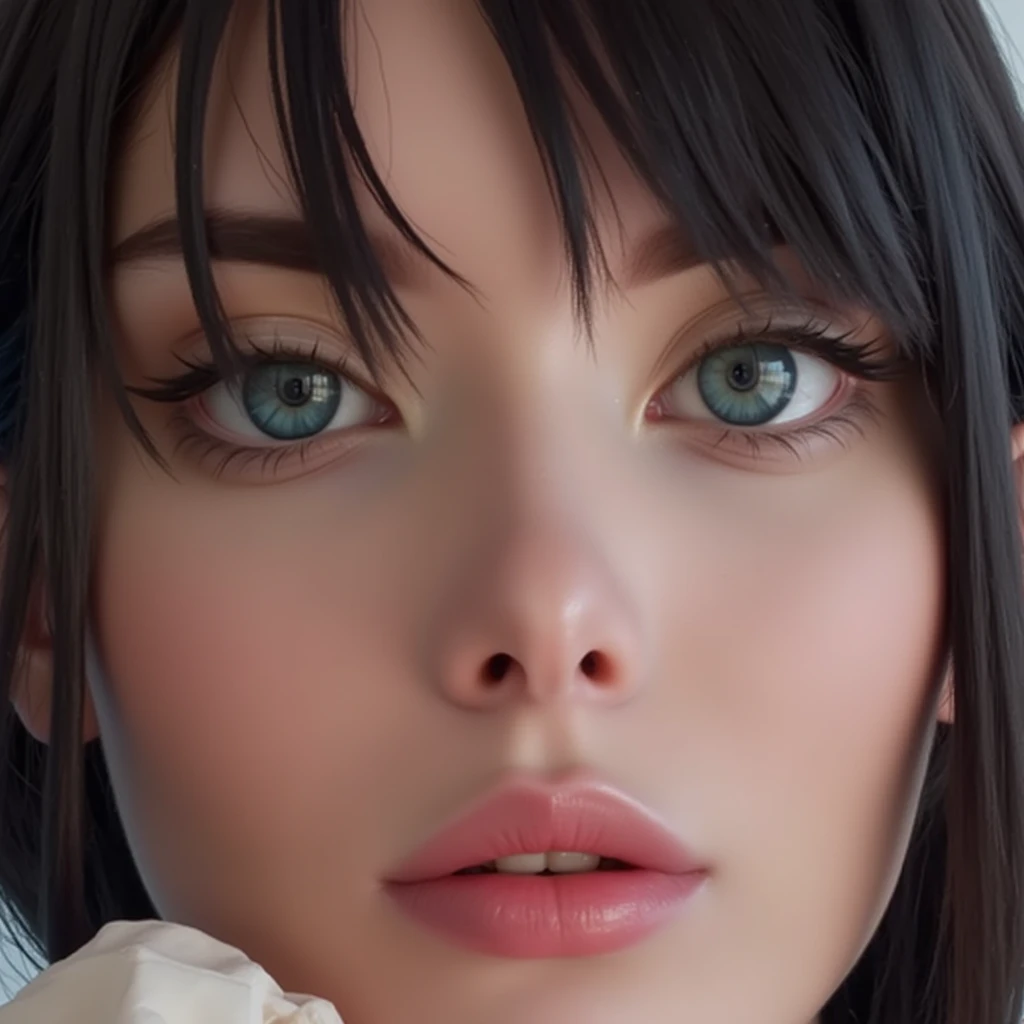 Big eyes, beautyful eyes, small nose, thin lips,