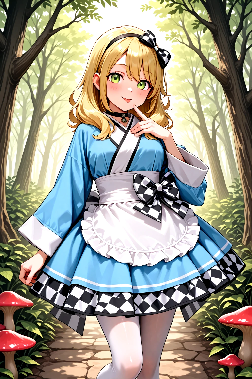masterpiece, best quality, amazing quality, 1girl, solo, makeup, general, cowboy shot, looking at viewer, blush, dramatic angle, smile, fantasy, forest, giant mushroom background, sky, standing on one leg, black mary janes, black checkered ribbon hairband, tongue out, finger to mouth, <lora:RF5_Alice:0.9>, RF5_Alice, long hair, blonde hair, green eyes, hair between eyes, breasts, <lora:Alice_Cos_Kimono:1.1>, Alice_Cos_Kimono, long sleeves, checkered skirt, cosplay, blue dress, bow, japanese clothes, blue kimono, checkered bow, sleeves past wrists, sash, wide sleeves, choker, waist apron, white pantyhose, checkered dress, collar, back bow, <lora:wai-A3-V140:1>, <lora:illustrious_noobai_epsilon_pred_1_masterpieces_v1:1>