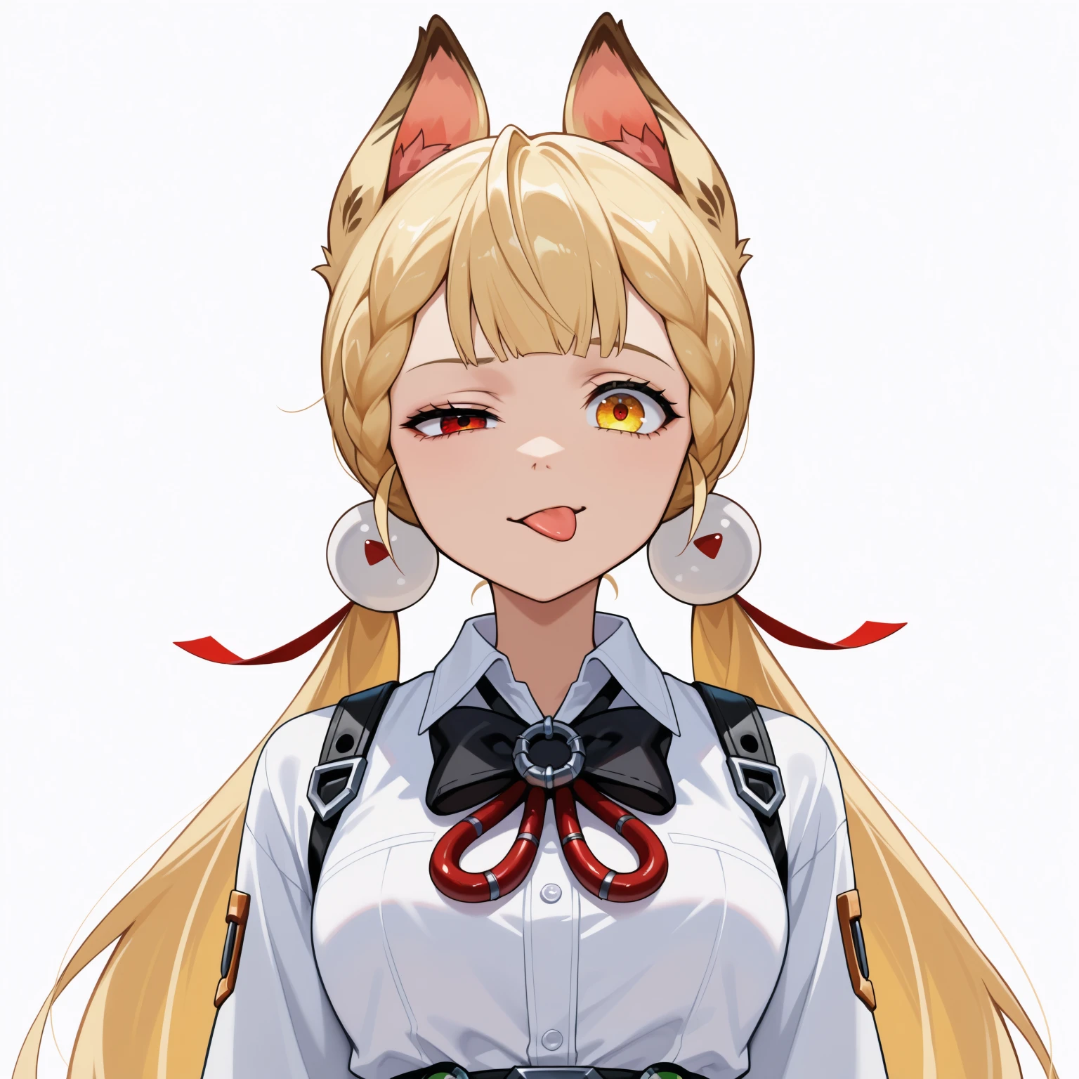 tongue out, uneven eyes, half-closed eye, looking at viewer, straight-on, <lora:rigby_the_cat_(meme)-000008v3:1>, <lora:zzz_alicethymefield_noobAIXL11EPS_v2:1> al1c3def, long hair, blonde hair, low twintails, braid, hair bobbles, hair ribbon, red ribbon, animal ears, heterochromia, red eyes, yellow eyes, white shirt, collared shirt, shirt tucked in, shoulder strap, black bowtie, simple background, white background