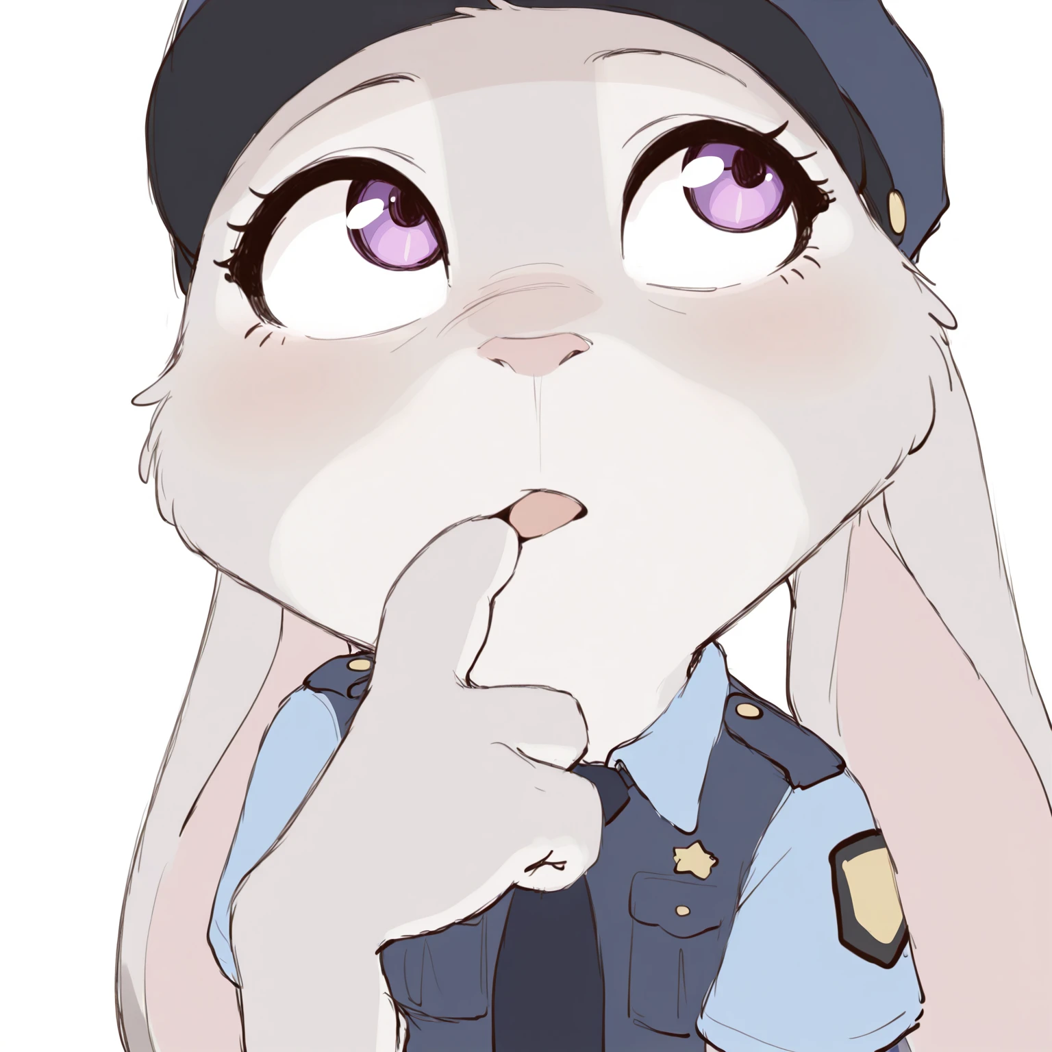 masterpiece, best quality, newest, absurdres, lazypos, solo
JdH00ps-p3np3n, chibi, gray fur, purple eyes, police uniform, finger to mouth, looking to the side, finger to mouth,
 <lora:Judy-Hopps-penpen-style_il:0.9>
 <lora:thinking_monkey_meme_1:1>