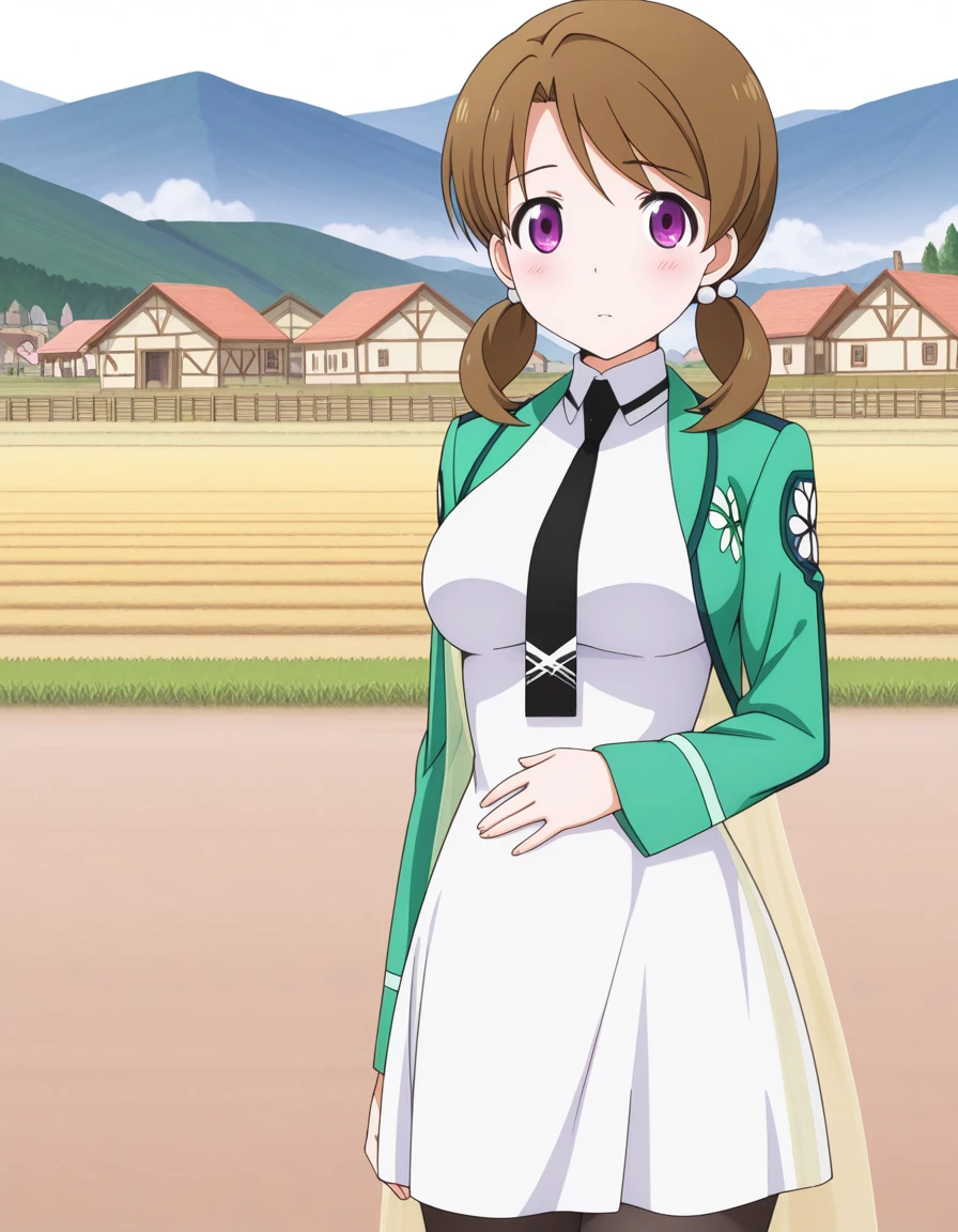 masterpiece, best quality, amazing quality,, <lora:honoka-mitsui-s2-illustriousxl-lora-nochekaiser:1>, honoka mitsui, bangs, brown hair, twintails, purple eyes, low twintails, mature female, medium breasts, anime screencap, dress, jacket, pantyhose, necktie, white dress, black necktie, green jacket, hand on stomach, blush,, village, houses, community, rural, farms, cowboy shot, solo, looking at viewer, <lora:transparent-background-illustriousxl-lora-nochekaiser:1>, transparent background, simple background, white background