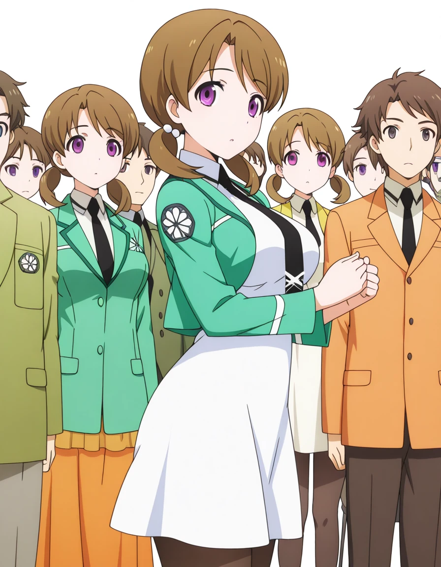 masterpiece, best quality, amazing quality,, <lora:honoka-mitsui-s2-illustriousxl-lora-nochekaiser:1>, honoka mitsui, bangs, brown hair, twintails, purple eyes, low twintails, mature female, medium breasts, anime screencap, dress, jacket, pantyhose, necktie, white dress, black necktie, green jacket, from side, street market, vendor, street food, bustling crowd, local flavor, vibrant, cowboy shot, solo, looking at viewer, <lora:transparent-background-illustriousxl-lora-nochekaiser:1>, transparent background, simple background, white background