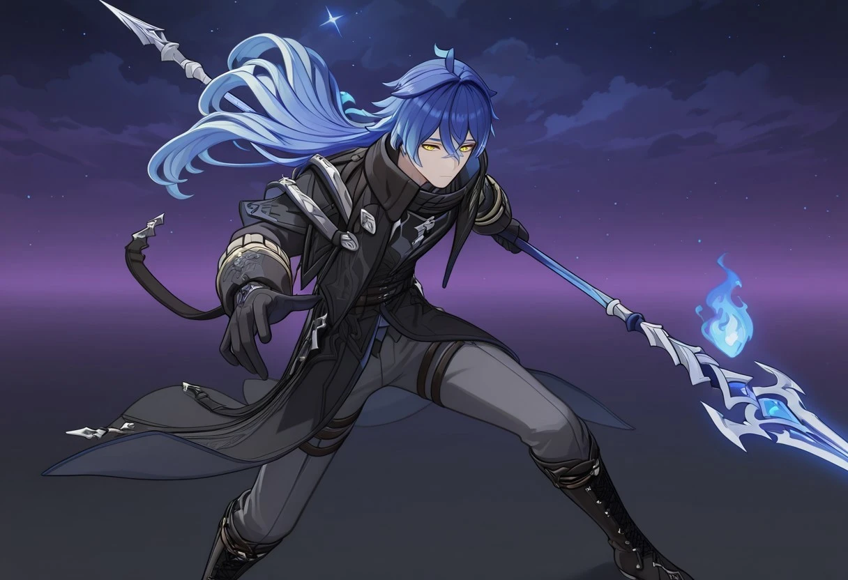 male, 1 man, Flins, blue hair, yellow eyes, long hair, coat, boots, gloves, coat, silver ornaments,
looking at viewer, holding polearm, weapon, blue fire, neutral expression, handsome features, holding weapon horizontally, one hand down, looking forward,
simple background, dark background, stars, clouds, night sky, dynamic pose, masterpiece, best quality, perfect quality, cinematic, natural lighting, absurdres, newest, perfect anatomy, intricate details, front view, lineart,