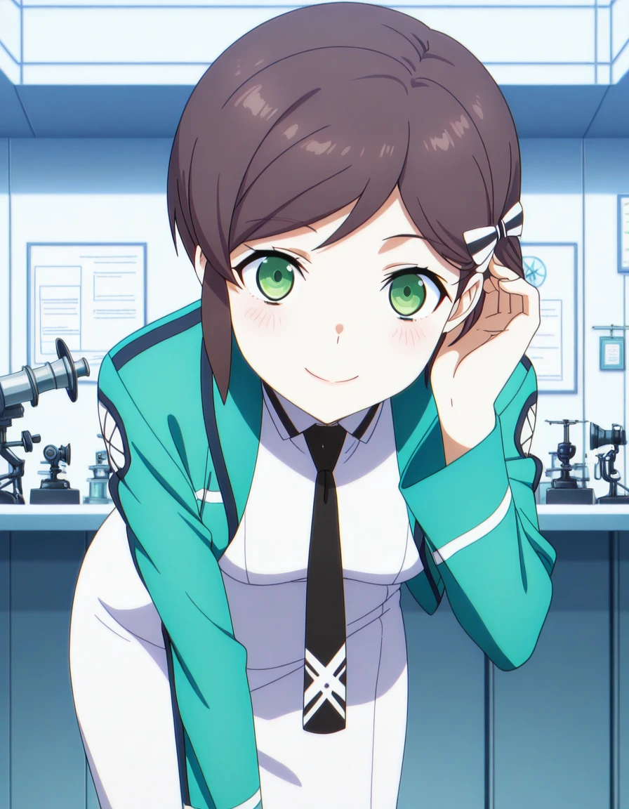 masterpiece, best quality, amazing quality,, <lora:kasumi-saegusa-s3-illustriousxl-lora-nochekaiser:1>, kasumi saegusa, short hair, brown hair, bow, green eyes, hair bow, mature female, small breasts, anime screencap, dress, jacket, pantyhose, necktie, white dress, black necktie, green jacket, <lora:tucking-hair-illustriousxl-lora-nochekaiser:1>, tucking hair, adjusting hair, hand on own hair, hair behind ear, smile, bent over, leaning forward, blush, hand up,, laboratory, beakers, microscope, scientist, experiments, cowboy shot, solo, looking at viewer,