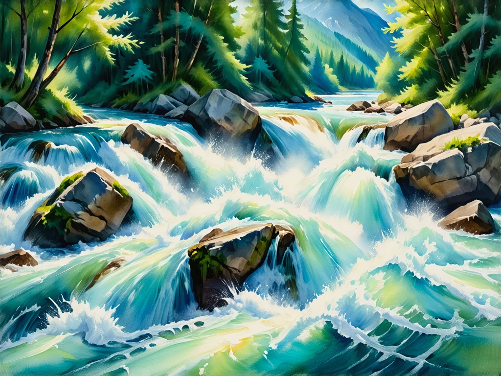Oil painting style.
A raging river, white water cascading over rocks. Trees lean over the water in the bright sunlight.
pntrlyCE_style