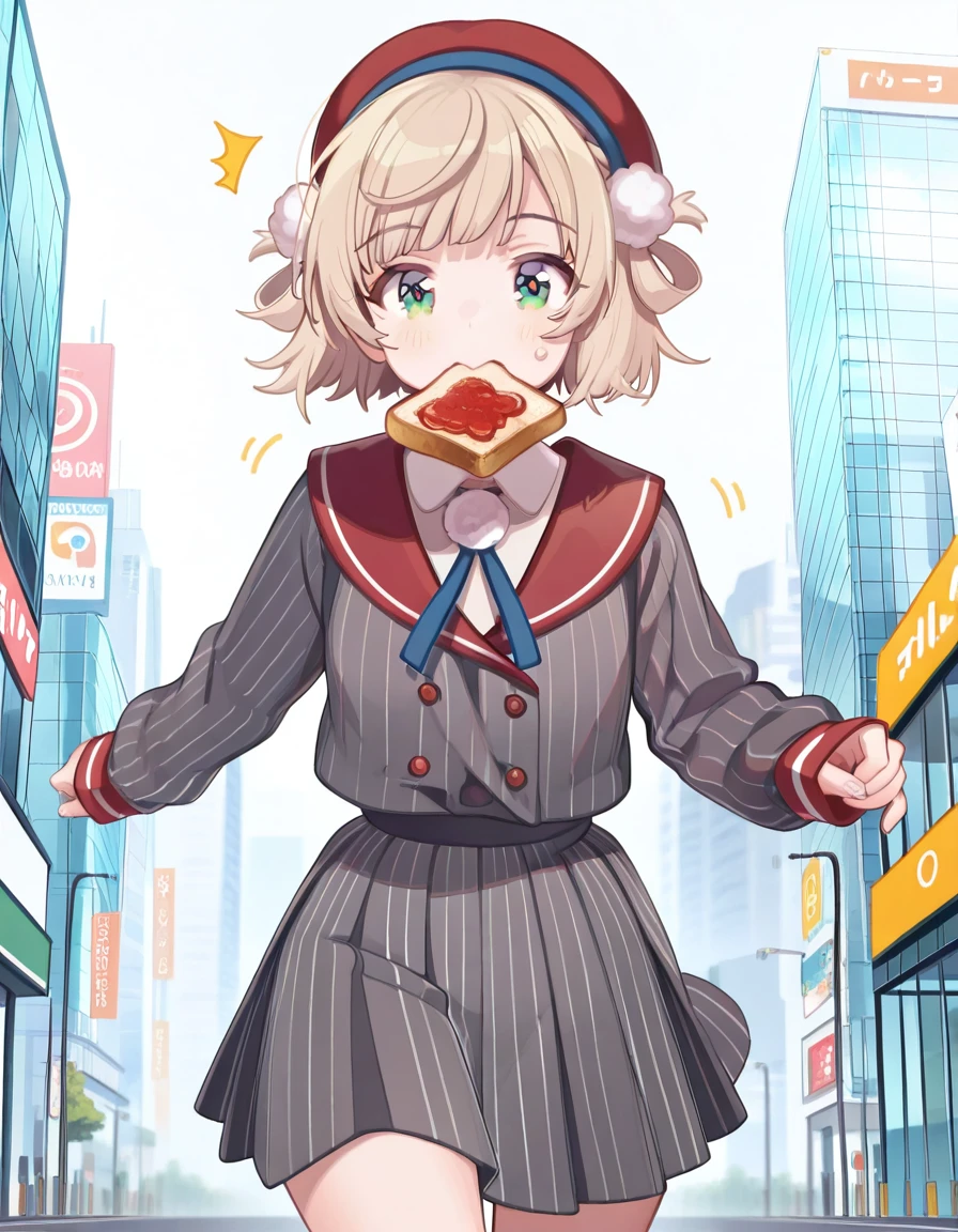 masterpiece, best quality, amazing quality,, <lora:ui-shigure-mv-illustriousxl-lora-nochekaiser:1>, ui shigure, shigure ui (vtuber), short hair, blonde hair, hair ornament, green eyes, braid, blunt bangs, swept bangs, light brown hair, side braid, french braid, hair rings, pom pom hair ornament, mature female, small breasts, shirt, skirt, long sleeves, hat, ribbon, jacket, white shirt, pleated skirt, collared shirt, sailor collar, miniskirt, striped clothes, sleeves past wrists, neck ribbon, buttons, beret, blue ribbon, red headwear, grey skirt, pom pom (clothes), vertical-striped clothes, grey jacket, double-breasted, pinstripe pattern, striped skirt, red sailor collar, striped jacket, vertical-striped skirt, vertical-striped jacket, <lora:food-in-mouth-running-illustriousxl-lora-nochekaiser:1>, food in mouth running, food in mouth, running, bread, bread slice, food, toast in mouth, toast, sweatdrop, motion lines, motion blur, outdoors, straight-on, megastructure, large, futuristic, building, complex, cowboy shot, solo, looking at viewer,