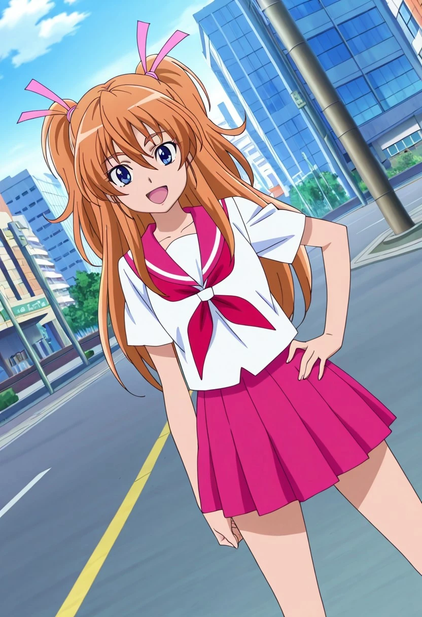 general,highres, ultra-detailed,very aesthetic,best quality ,best hands,best eyes,
dynamic angle, dutch angle, anime cloring,anime screencap,
1girl solo,looking at viewer,dynamic angle,smile, open mouth,city,outdoors, hand on hip, 
Hibiki,orange hair, long_hair, two-side-up, blue eyes, , hair ribbon, pink ribbon, , Serafuku,