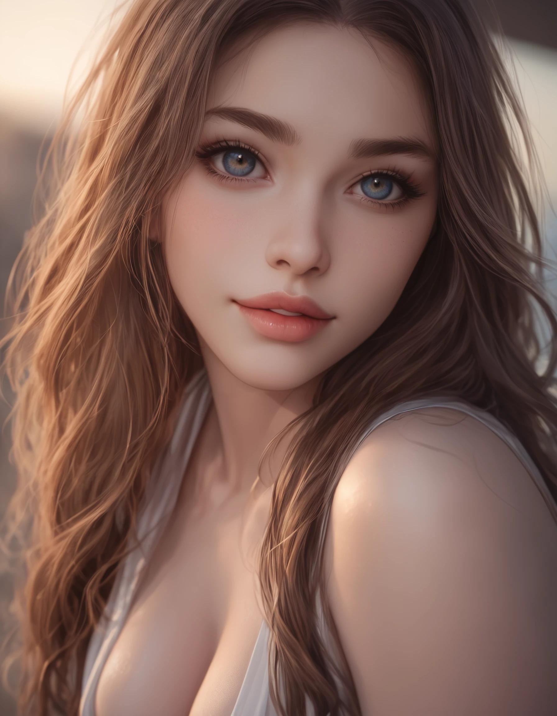 zPDXL3, safe_pos, score_9, score_8_up, source_realistic, rating_explicit, 8k, best quality, masterpiece, expressiveh, intricate details, ultra high res, sharp focus, digital art, cinematic, extremely detailed, cinematic light, photo studio lighting, Unreal Engine, dramatic angle, dynamic camera angle,
unique perspective, unique angle, wide angle, dutch angle, foreshortening, blurred eyes,
1girl, solo, brown hair, long hair, upper body shot, cleavage, seductive smile, japanese,
innocent, extra blush under eyes, big eyes, beautiful detailed eyes, detailed beautiful delicate face, realistic humid skin, detailed skin sexy pose, sensual posture, graceful pose, curvy, scenery