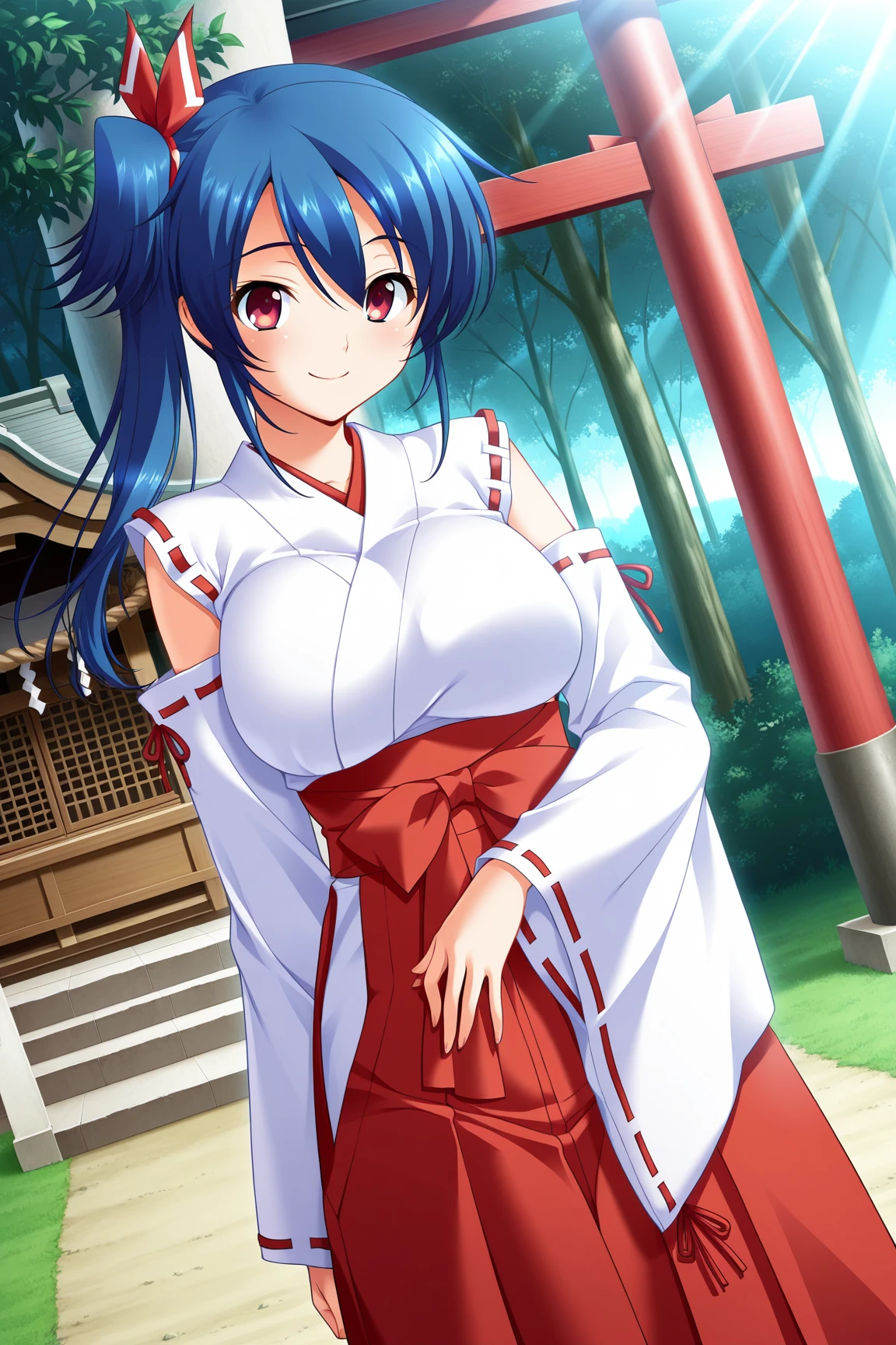 (masterpiece, best quality, game cg,highly_detailed,extremely_detailed_CG_unity_8k_wallpaper,illustration,highres,absurdres:1.2),1girl,solo,<lora:Natsukawa_Asami:1>URAAsami,blue hair,bangs,side ponytail,hair ribbon,red eyes,miko, shrine maiden, white kosode, white detached sleeves, red ribbon-trimmed sleeves, red hakama skirt,japanese shrine,forest,outside,standing,dutch angle,looking at viewer,smile,detailled background,sunlight, ambiant lightning