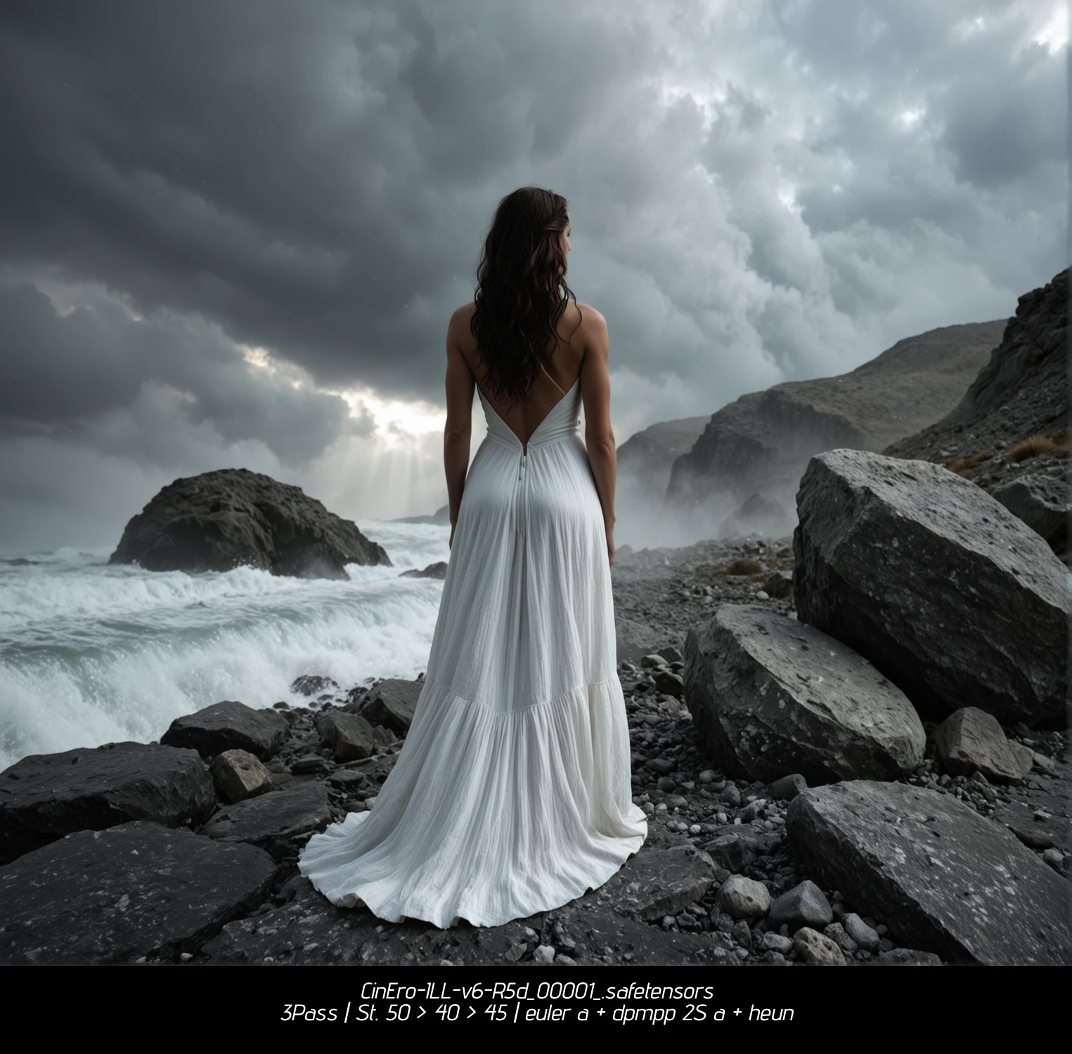 1girl, solo, long_hair, dress, cloud, white_dress, scenery,
In a desolate, rocky landscape shrouded in a thick, billowing mist, a solitary figure stands facing a colossal, dark, textured boulder. The woman, with long, dark hair cascading down her back, wears a flowing white dress that contrasts starkly against the muted tones of the surroundings. Her posture is upright yet slightly hunched, as if she is bearing the weight of the imposing rock. The mist swirls around her, creating an ethereal atmosphere that adds a sense of mystery and tension to the scene. The sky above is overcast, casting a somber light that enhances the dramatic and almost otherworldly quality of the image.
score_9, score_8_up, source_photo, photorealistic, bokeh, cinematic still photograph, analog film grain, Selective focus, photorealism, cinematic.
Masterpiece, intricate lines, intriguing atmosphere, sharp magnificent details, delicate features, elaborate details, (2/3 rule composition:0.5), ultra detailed, rembrandt lighting.