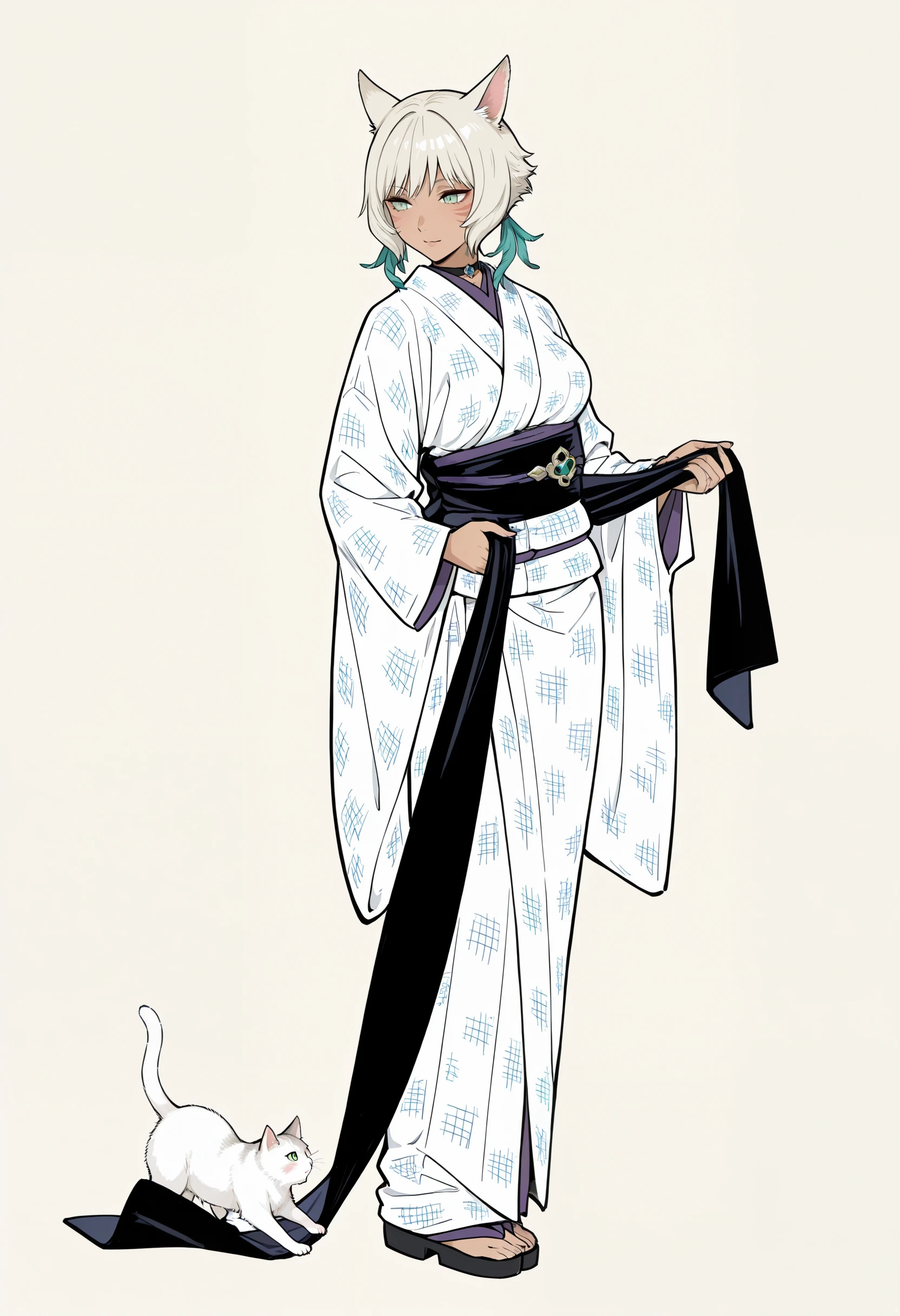 Cat Playing On A Beauty's Obi illust