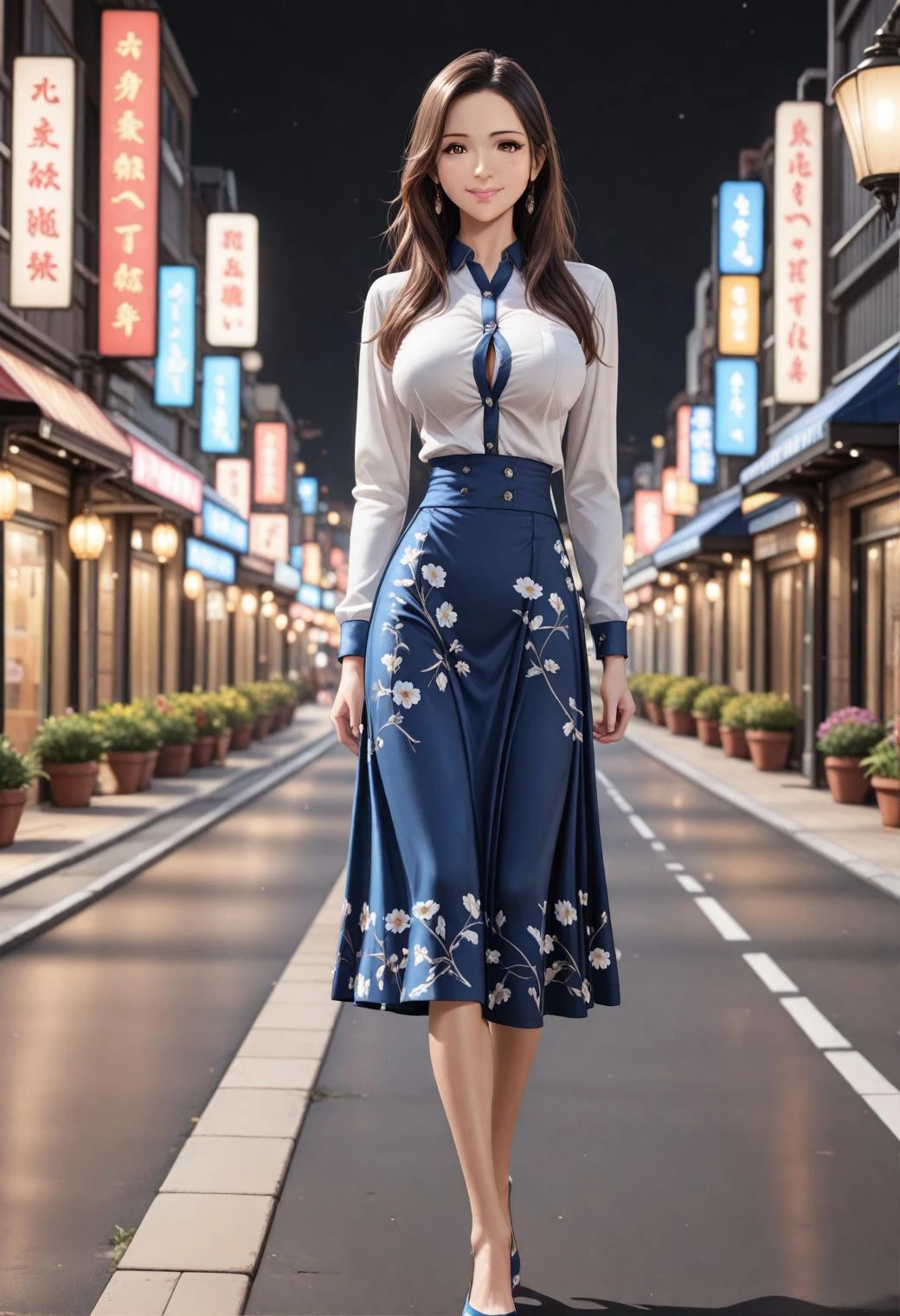 D040 Blue Floral Maxi Skirt V1 Illust
