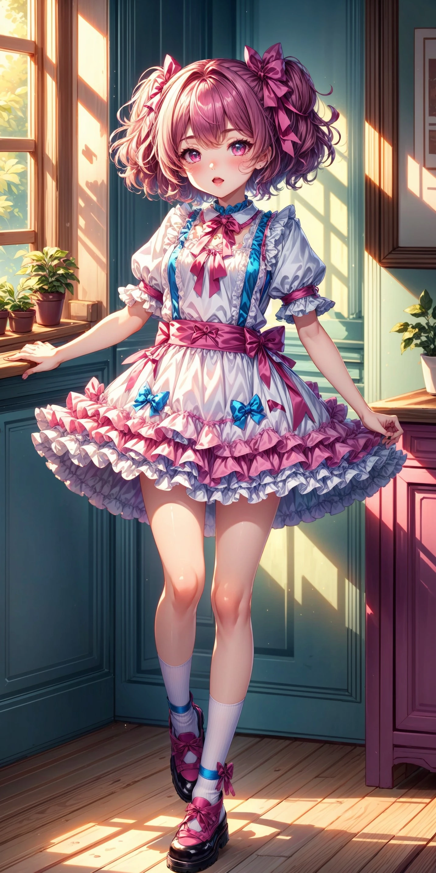 White, Electric Blue and Hot Pink Ribboned Shiny Satin Dress V1