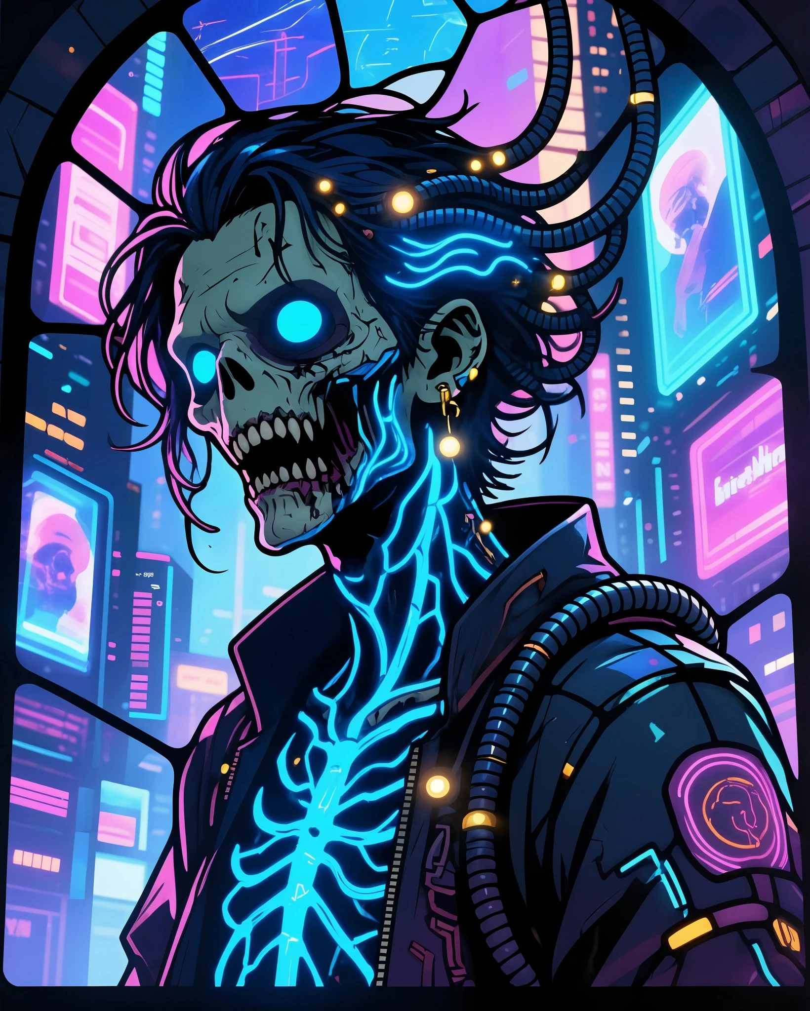Stained Glass Art Style: Ghost in the Neon Veins Ghost in Neon Veins
