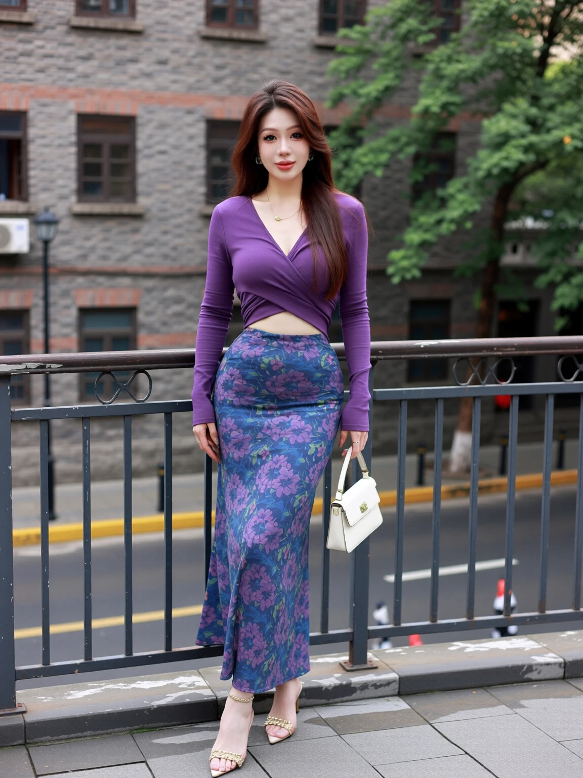  WAN2.2 T2V Purple Long-Sleeve Blouse, Blue Patterned Short Skirt, black   High Heel v1.0