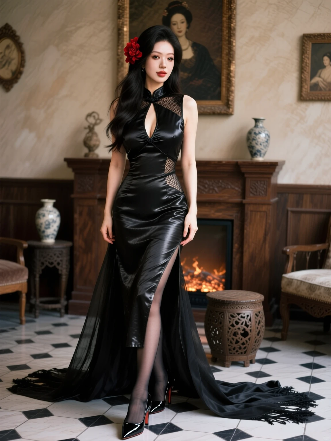  WAN2.2 T2V Gothic Aristocrat Seduction Ensemble – Shiny Faux-Leather Qipao Dress v1.0