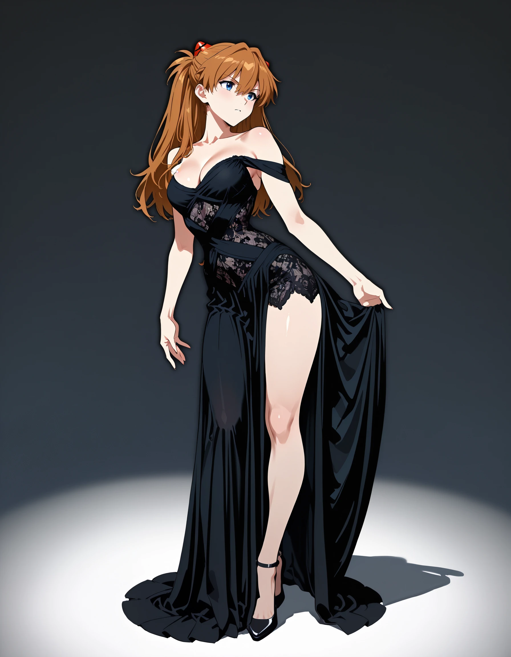 Off-Shoulder Lace Corset Chiffon Thigh Slit Maxi Dress