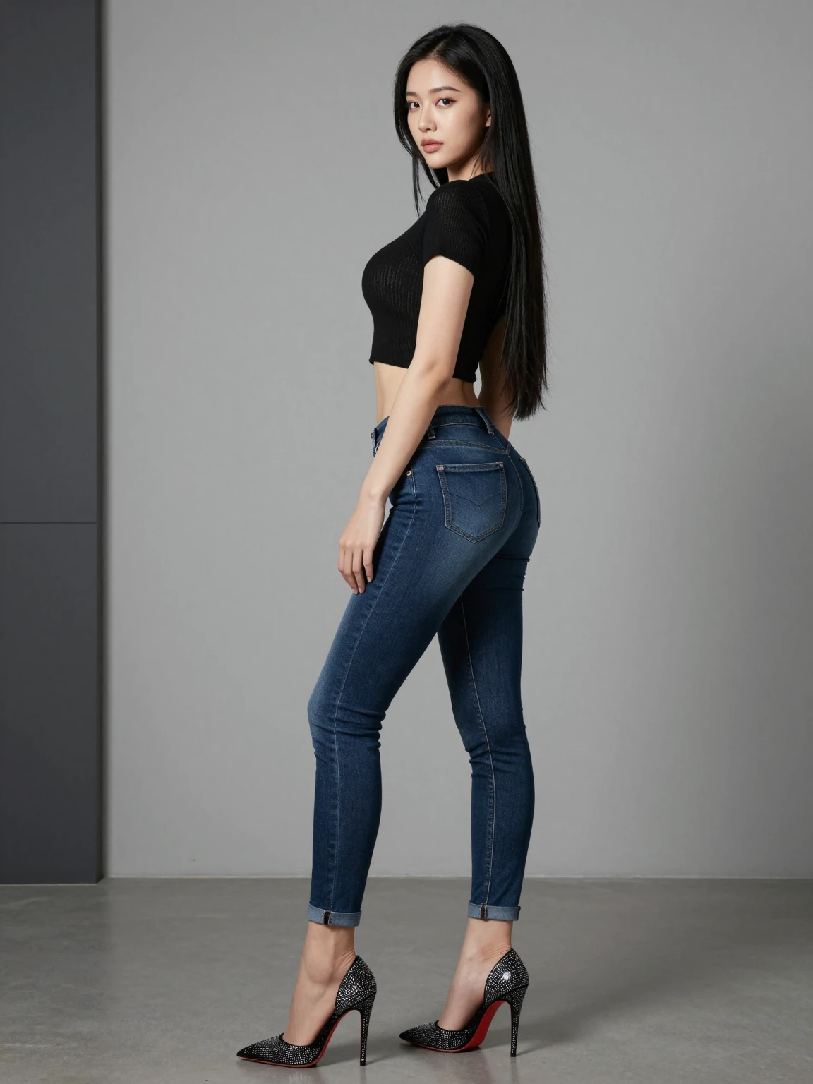  WAN2.2 T2V Urban Bimbo  Fusion Look Crop Knit Top Rolled Denim Jeans Crystal Stilettos v1.0
