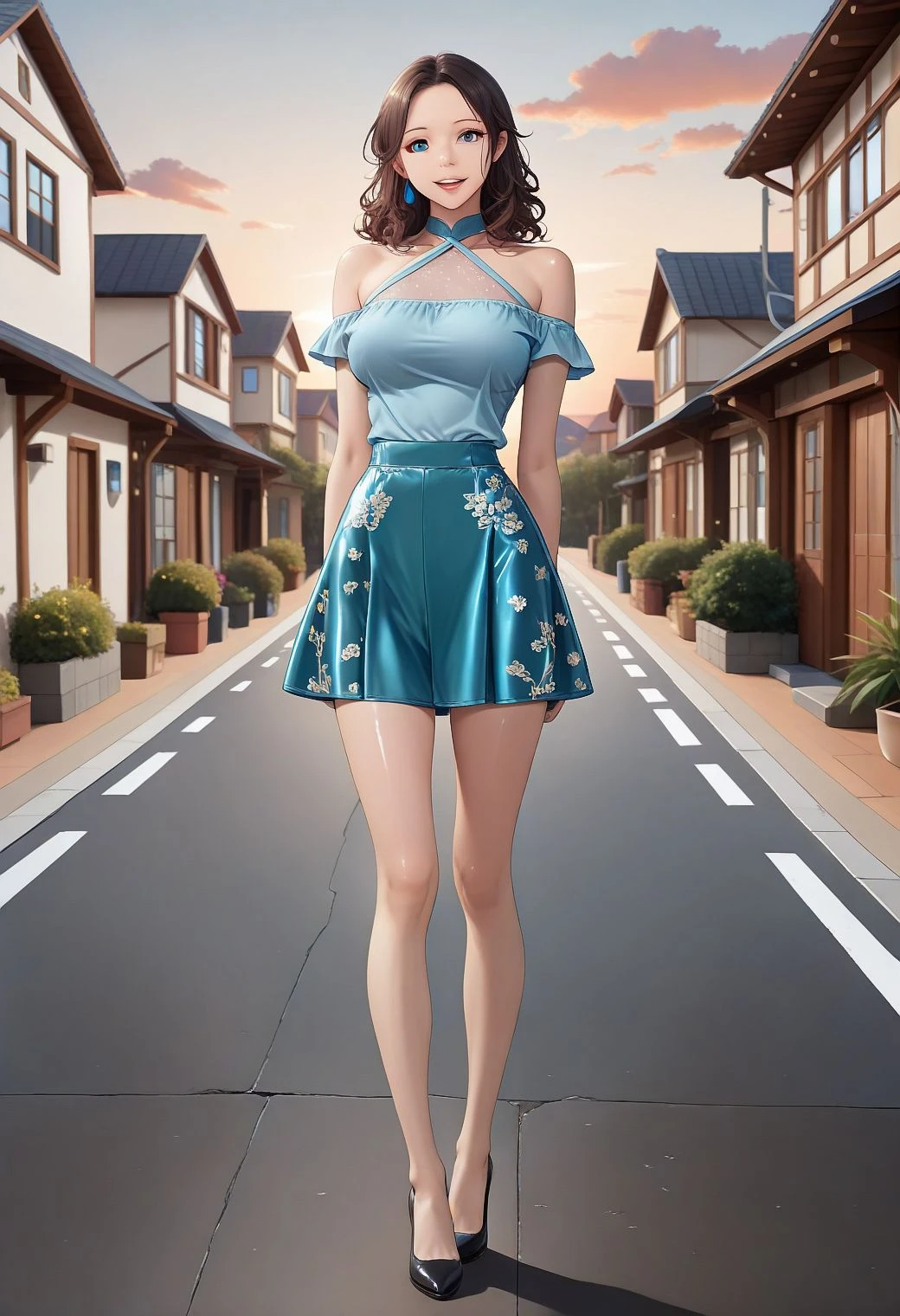 D076 Open shoulder halter shirt with short skirt-pants-IL V1 Illust