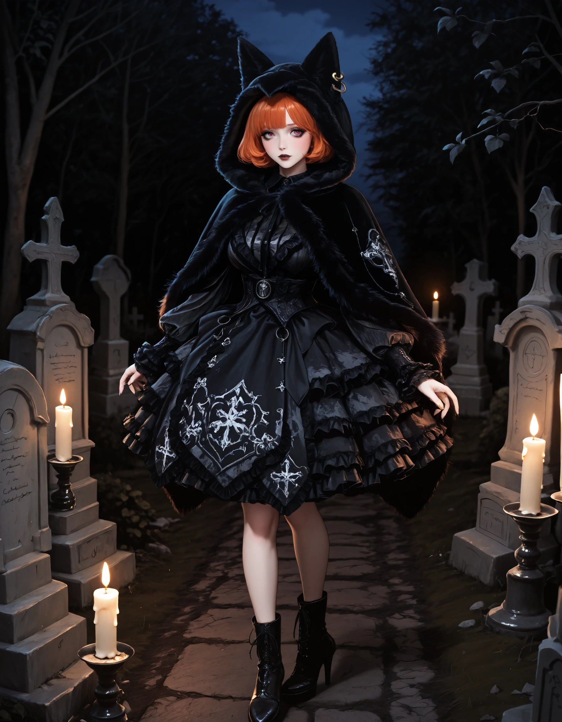 Gothic Frilled Dress & Fur Cape