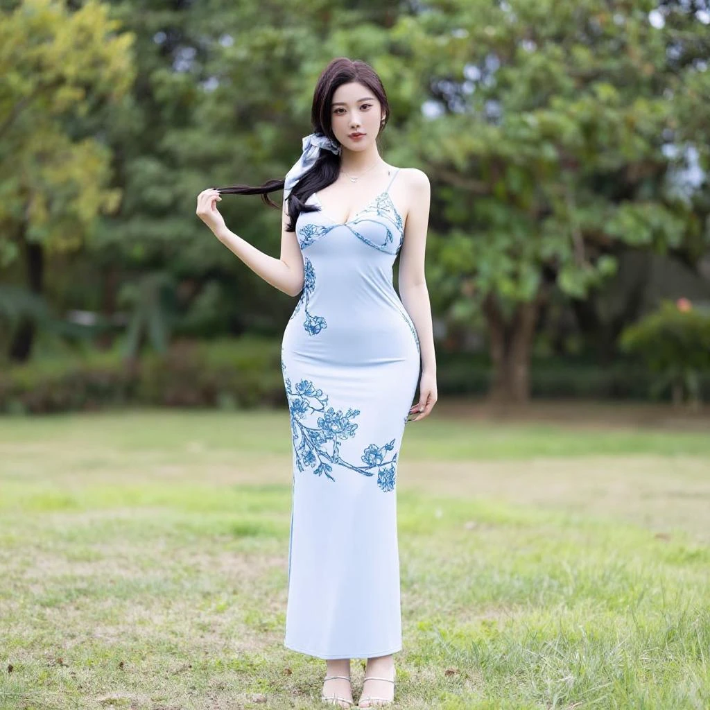  Z-IMAGE Blue Floral Silk Spaghetti Strap Midi Gown Paired With Crystal  Heels v1.0