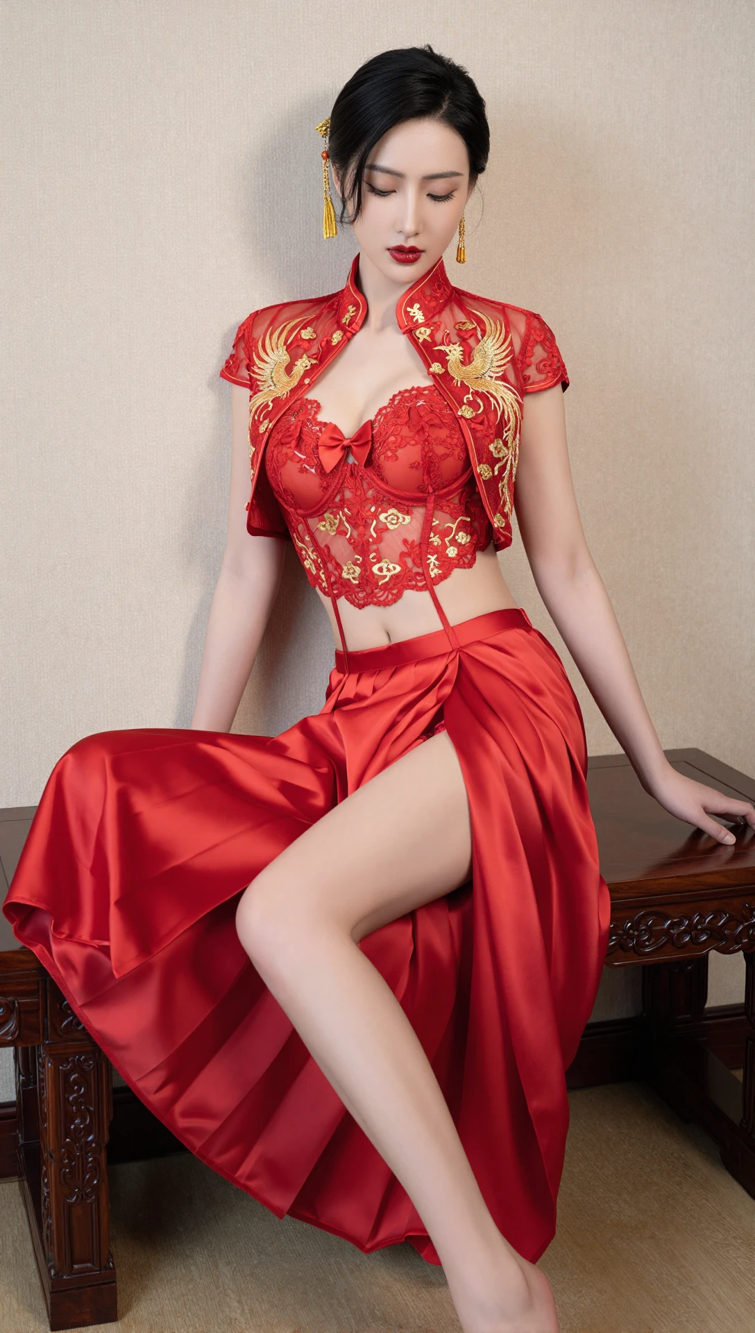  Z-IMAGE Chinese Bridal  Fusion – Crimson Lace Embroidered  Set & Satin Pleated Wrap v1.0