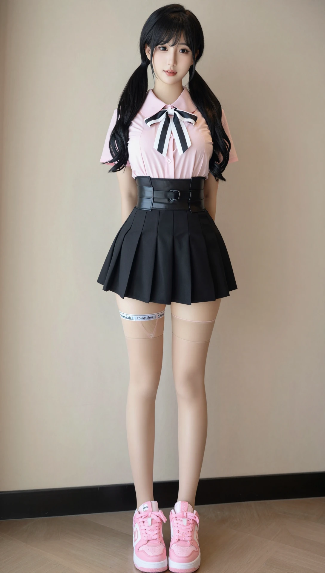  Z-IMAGE School Idol Cosplayer Ensemble - Pastel Pink Collar Shirt With Mini Pleated Skirt & Neon Sneakers Styled v1.0