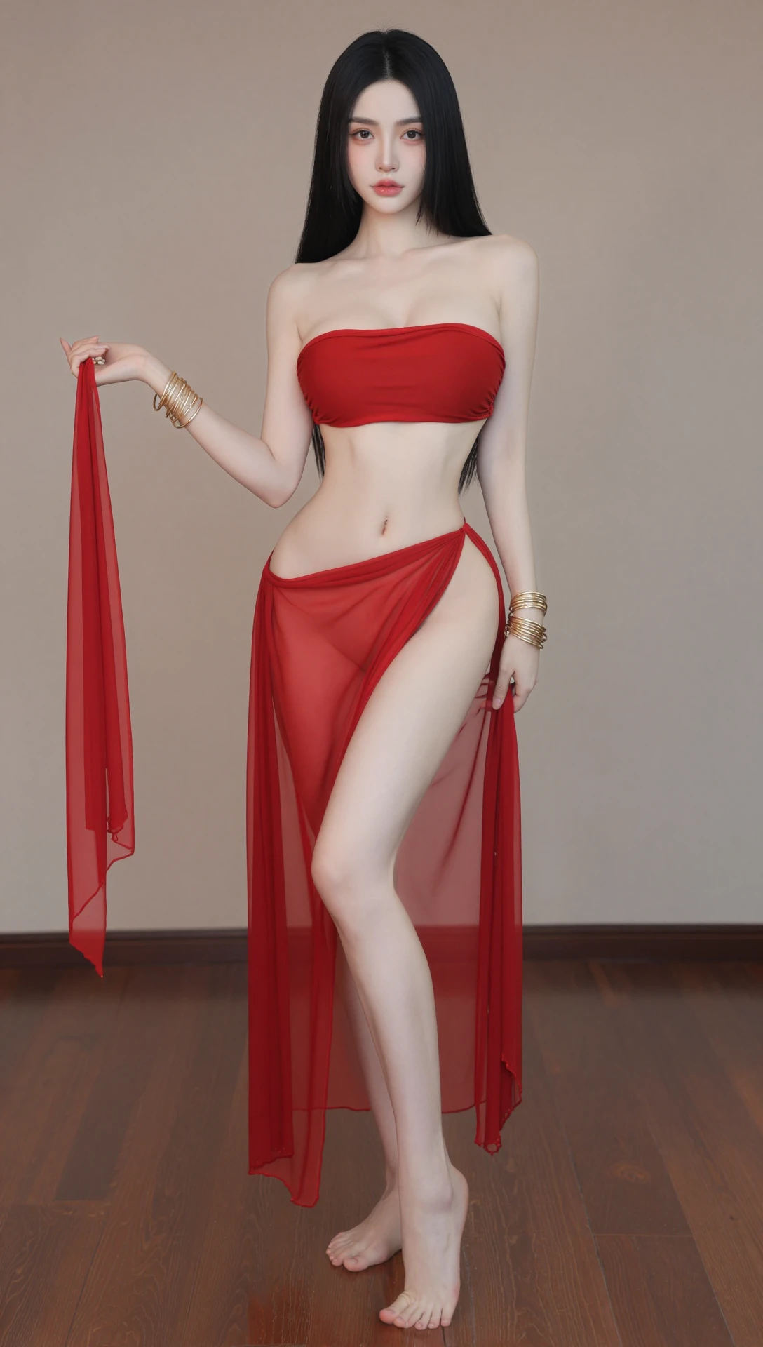 Z-IMAGE Exotic Belly Dance Aesthetic – Crimson Satin Bandeau Bikini Set With Gold Chain Accents v1.0
