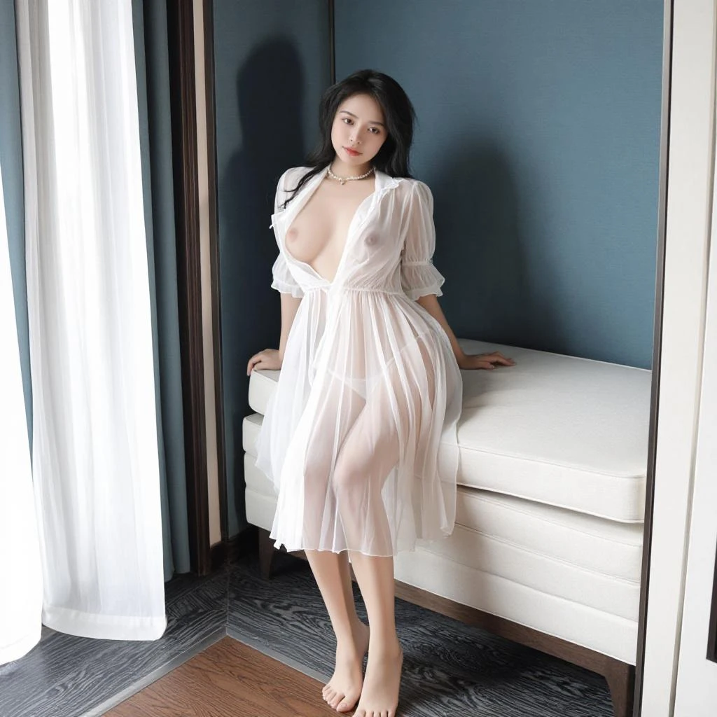  Z-IMAGE  White Sheer  Dress – Off-Shoulder Ruffled  Waist Tie v1.0