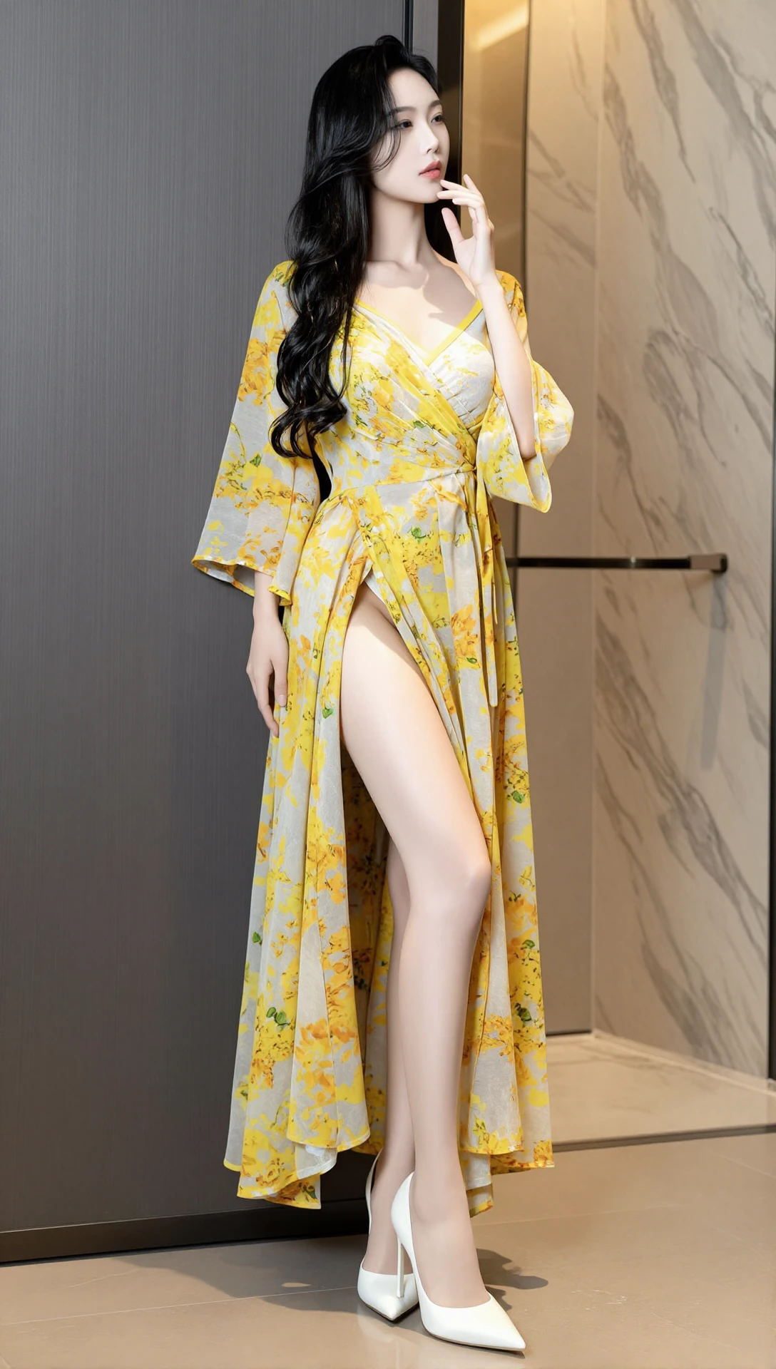  Z-IMAGE Yellow Floral Sheer Bell-Sleeve Cover-Up With  And White Pumps v1.0